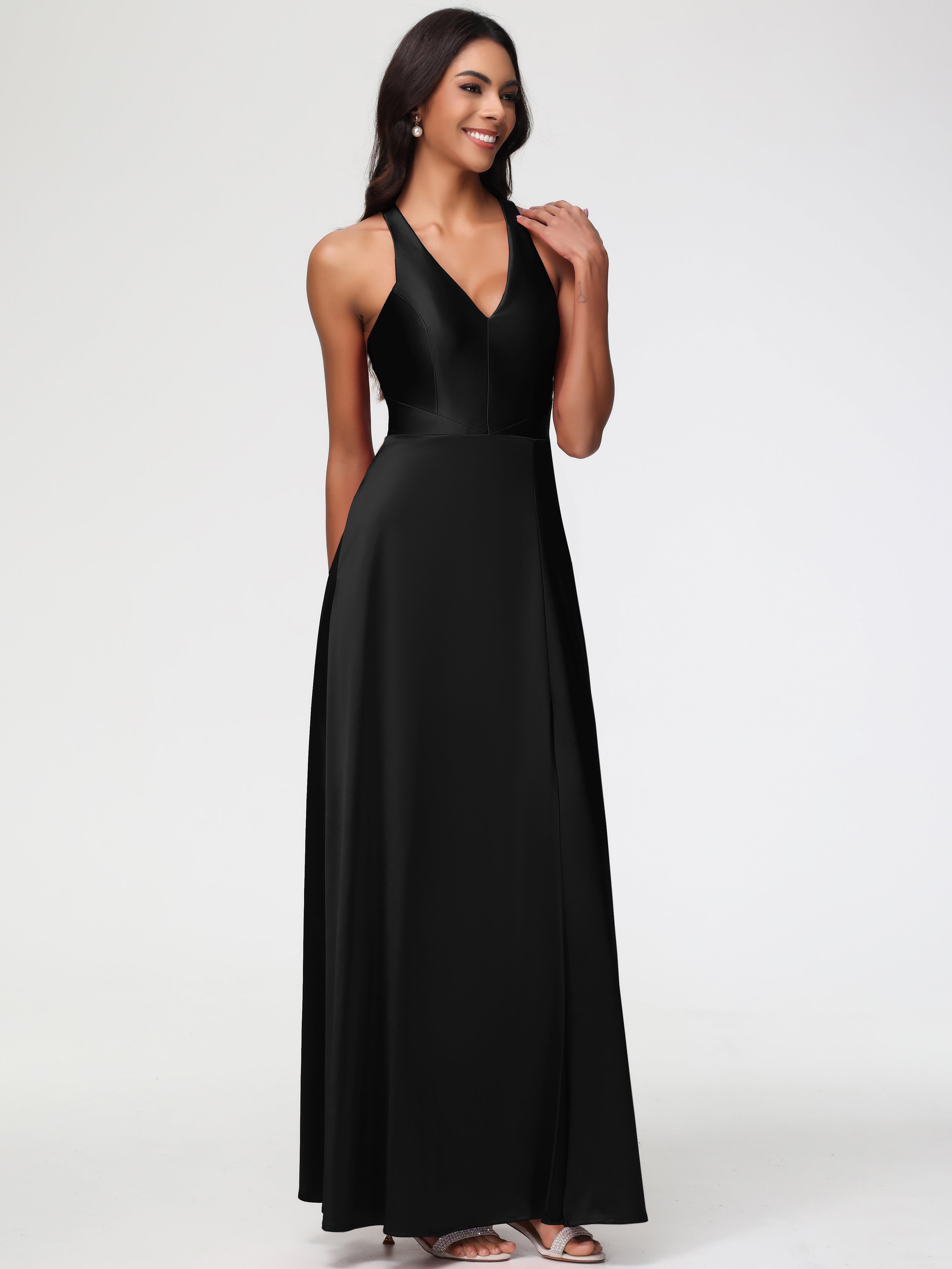 Robe De Demoiselle D Honneur Noir Col V Satin Extensible Fourreau/Colonne Robe De Demoiselle D'Honneur