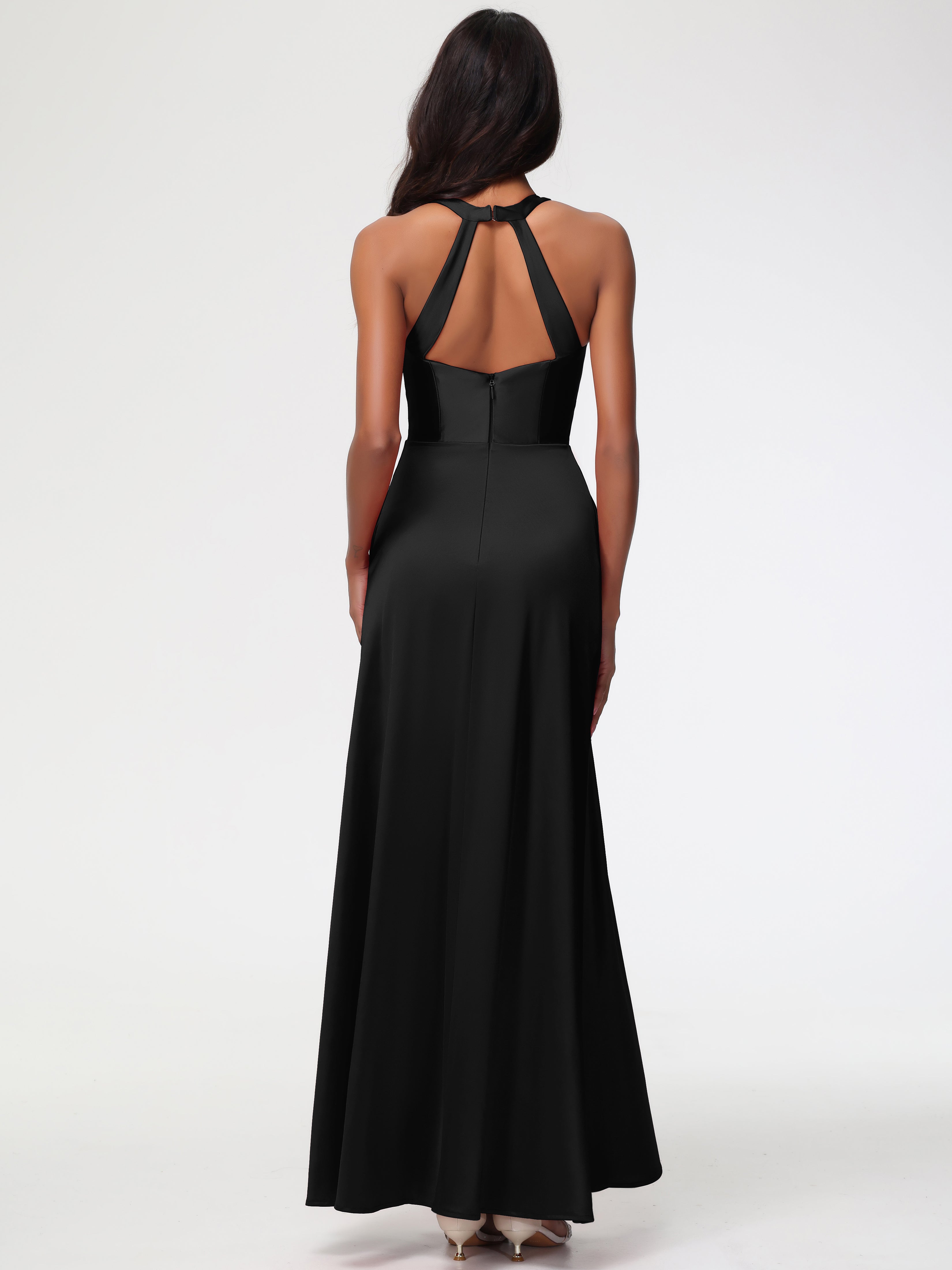 Robe De Demoiselle D Honneur Noir Col V Satin Extensible Fourreau/Colonne Robe De Demoiselle D'Honneur
