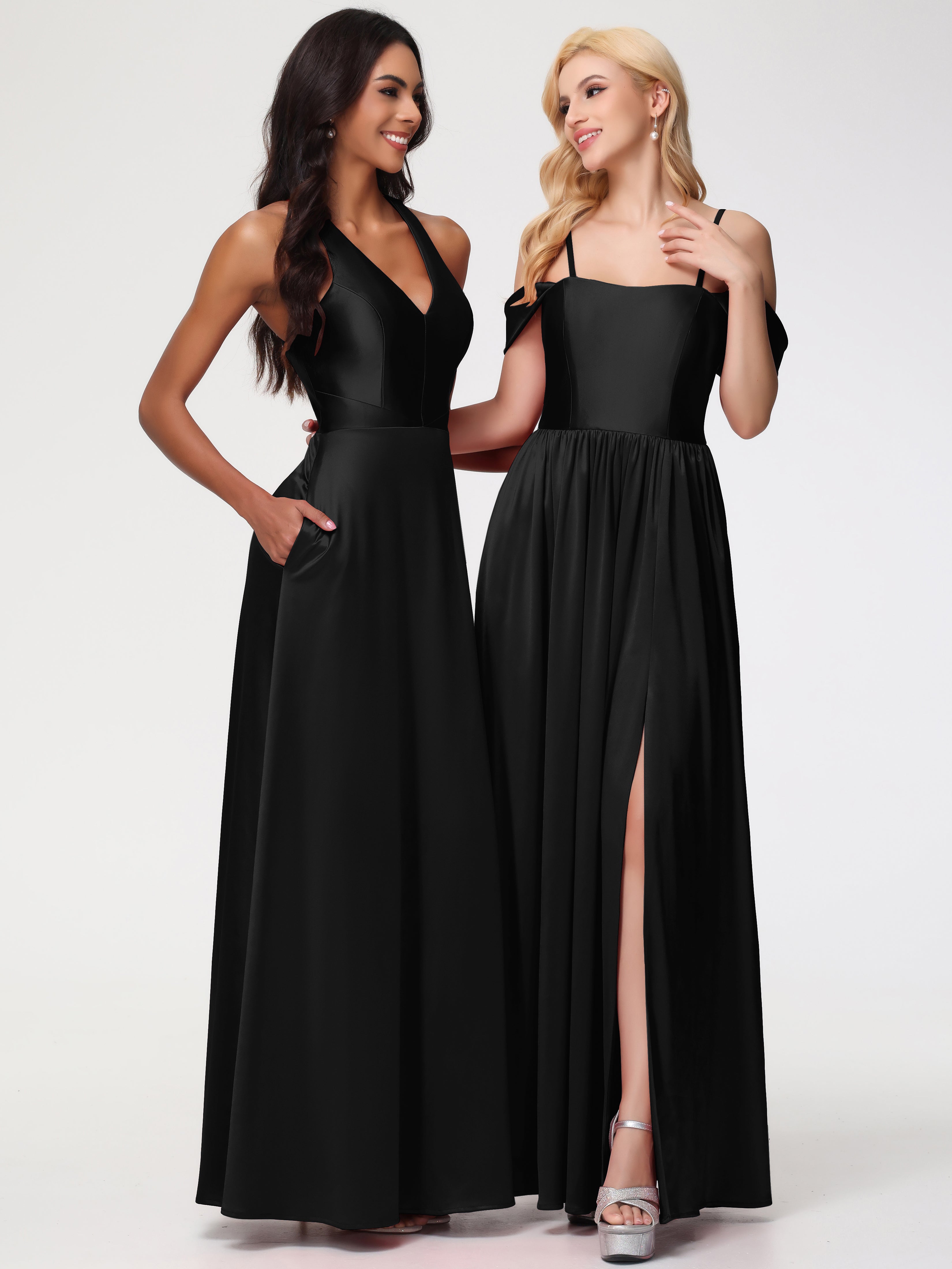 Robe De Demoiselle D Honneur Noir Col V Satin Extensible Fourreau/Colonne Robe De Demoiselle D'Honneur