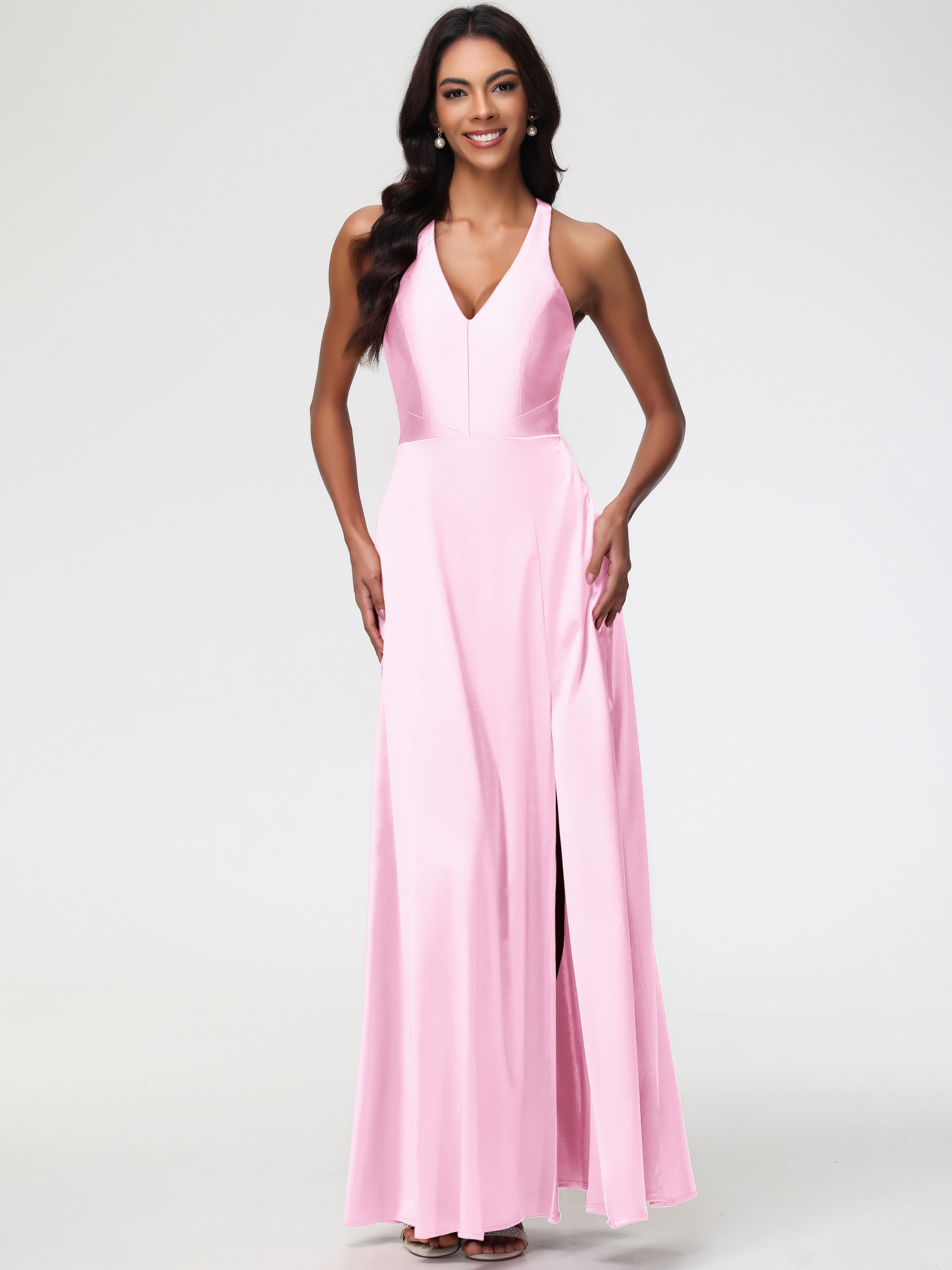 Robes Demoiselle D Honneur Rose Pale Col V Satin Extensible Fourreau/Colonne Robe De Demoiselle D'Honneur