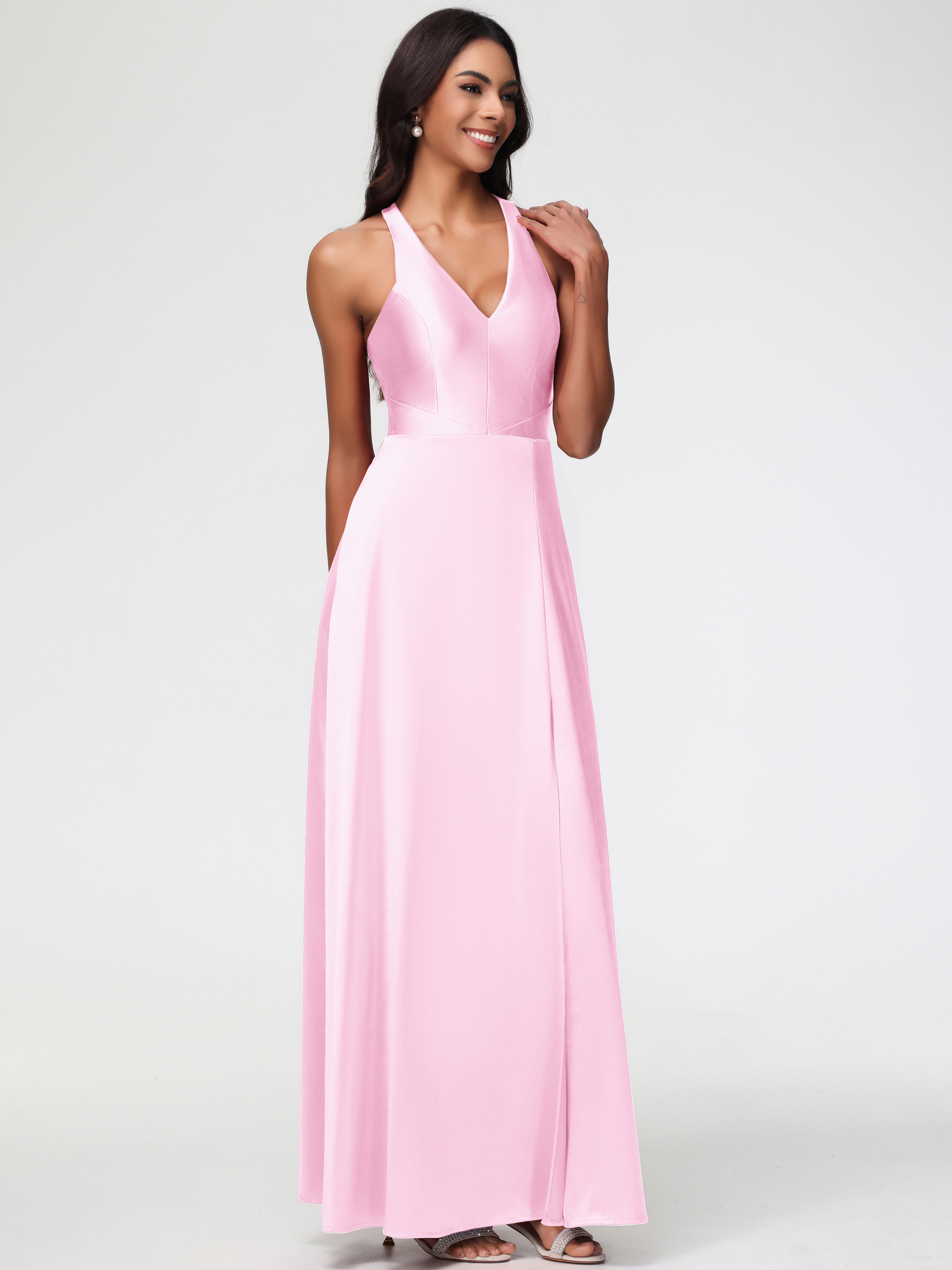 Robes Demoiselle D Honneur Rose Pale Col V Satin Extensible Fourreau/Colonne Robe De Demoiselle D'Honneur