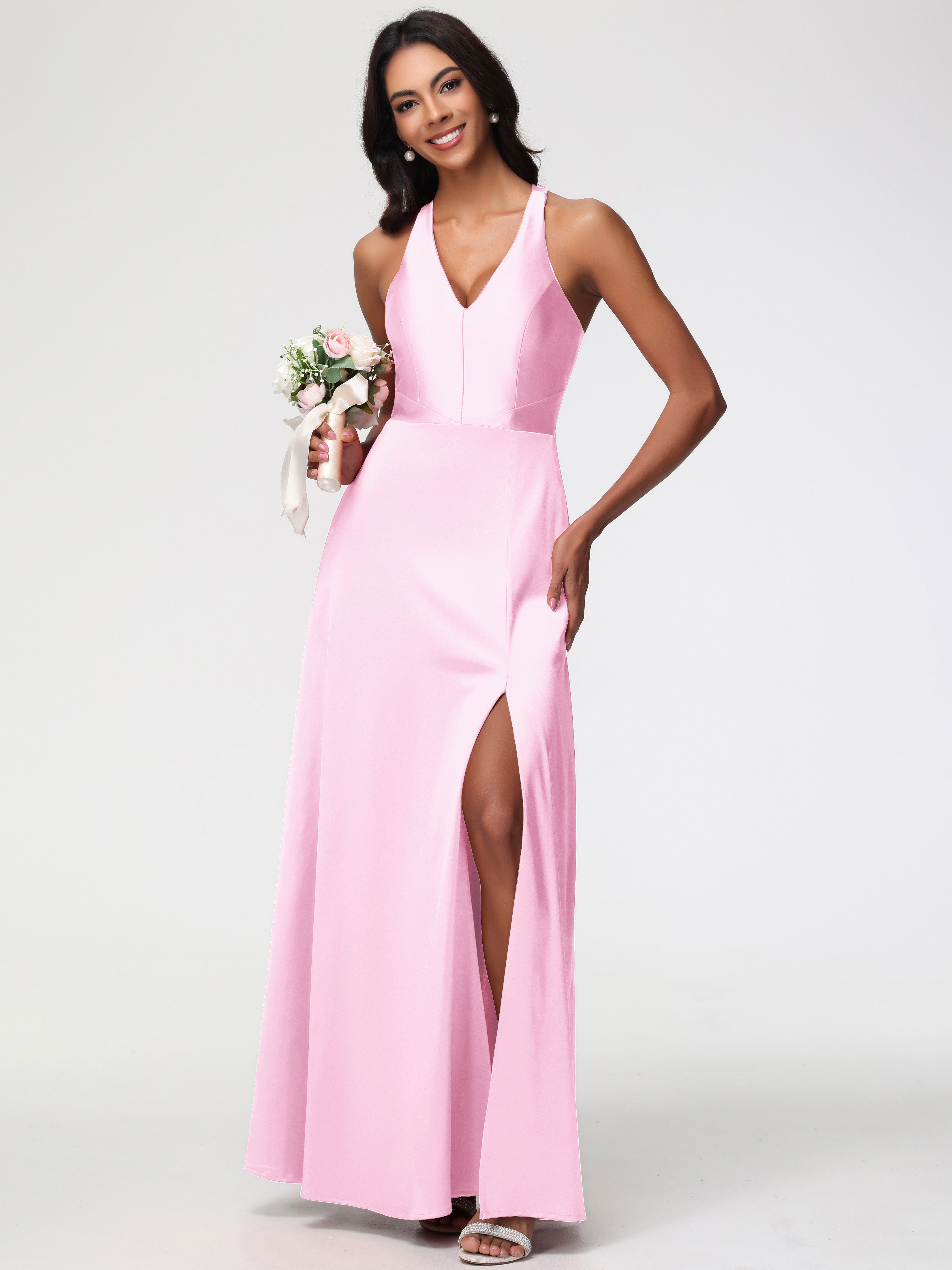 Robes Demoiselle D Honneur Rose Pale Col V Satin Extensible Fourreau/Colonne Robe De Demoiselle D'Honneur