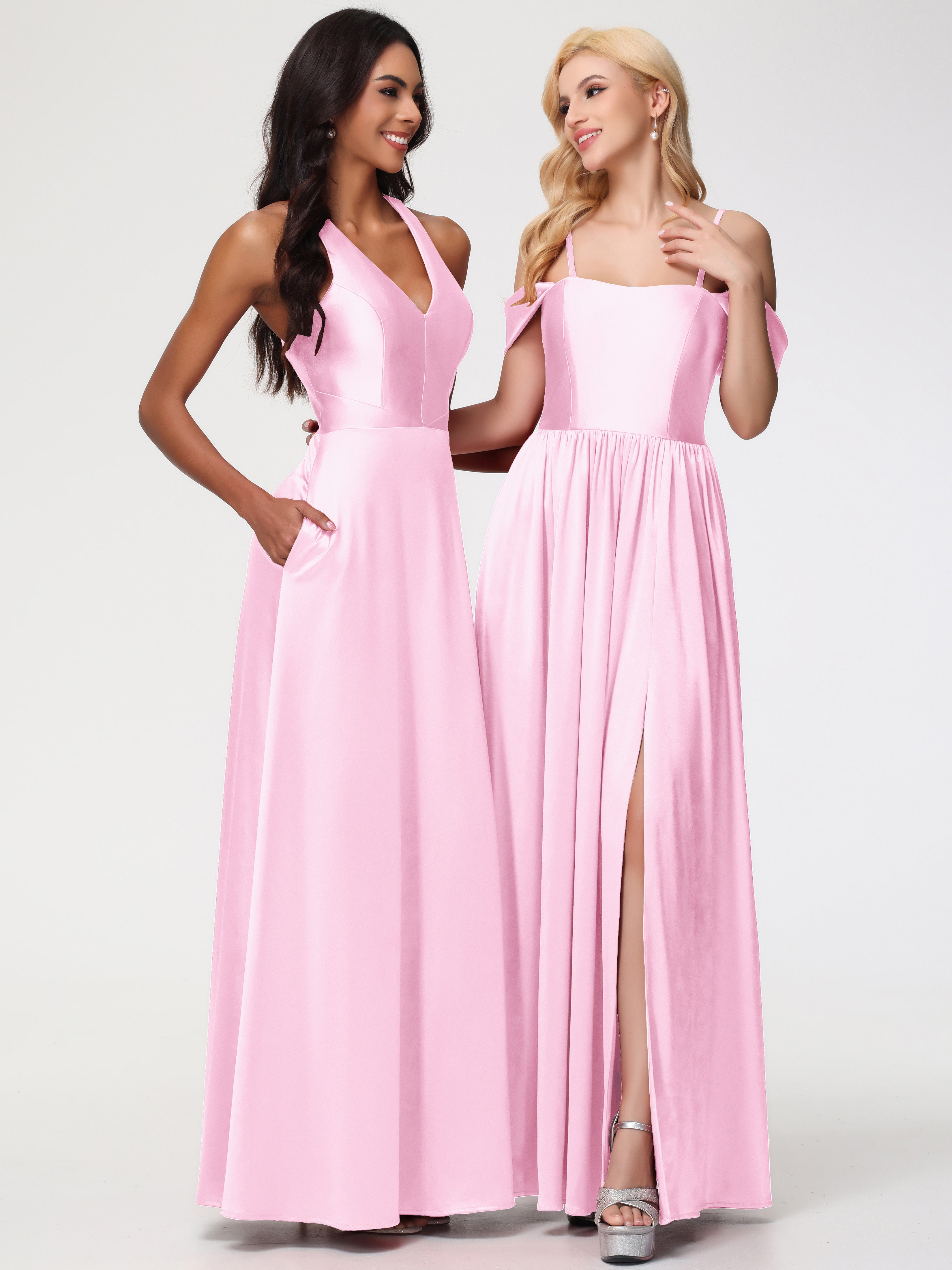 Robes Demoiselle D Honneur Rose Pale Col V Satin Extensible Fourreau/Colonne Robe De Demoiselle D'Honneur