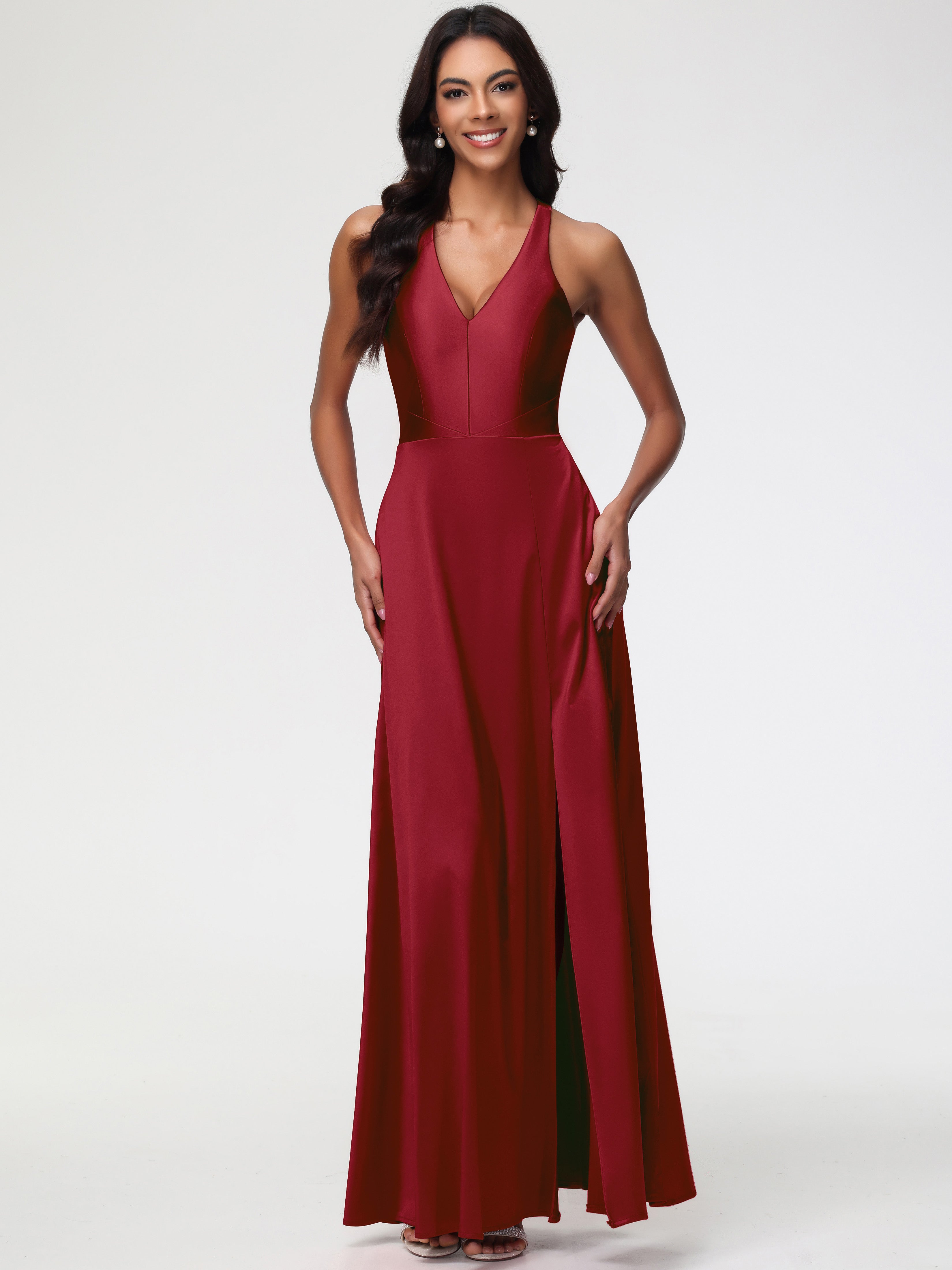Robes Demoiselles D Honneur Bordeaux Col V Satin Extensible Fourreau/Colonne Robe De Demoiselle D'Honneur