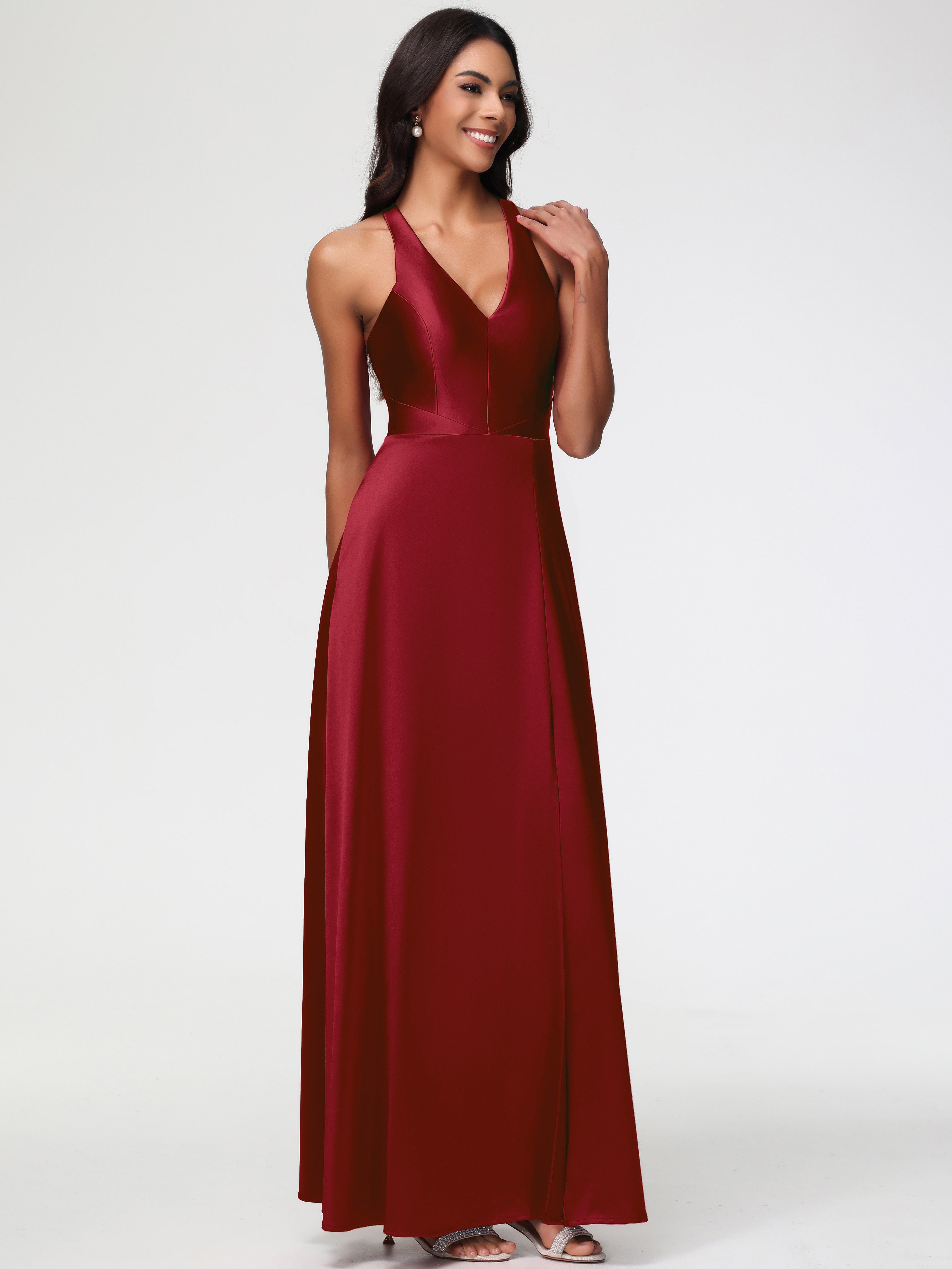 Robes Demoiselles D Honneur Bordeaux Col V Satin Extensible Fourreau/Colonne Robe De Demoiselle D'Honneur