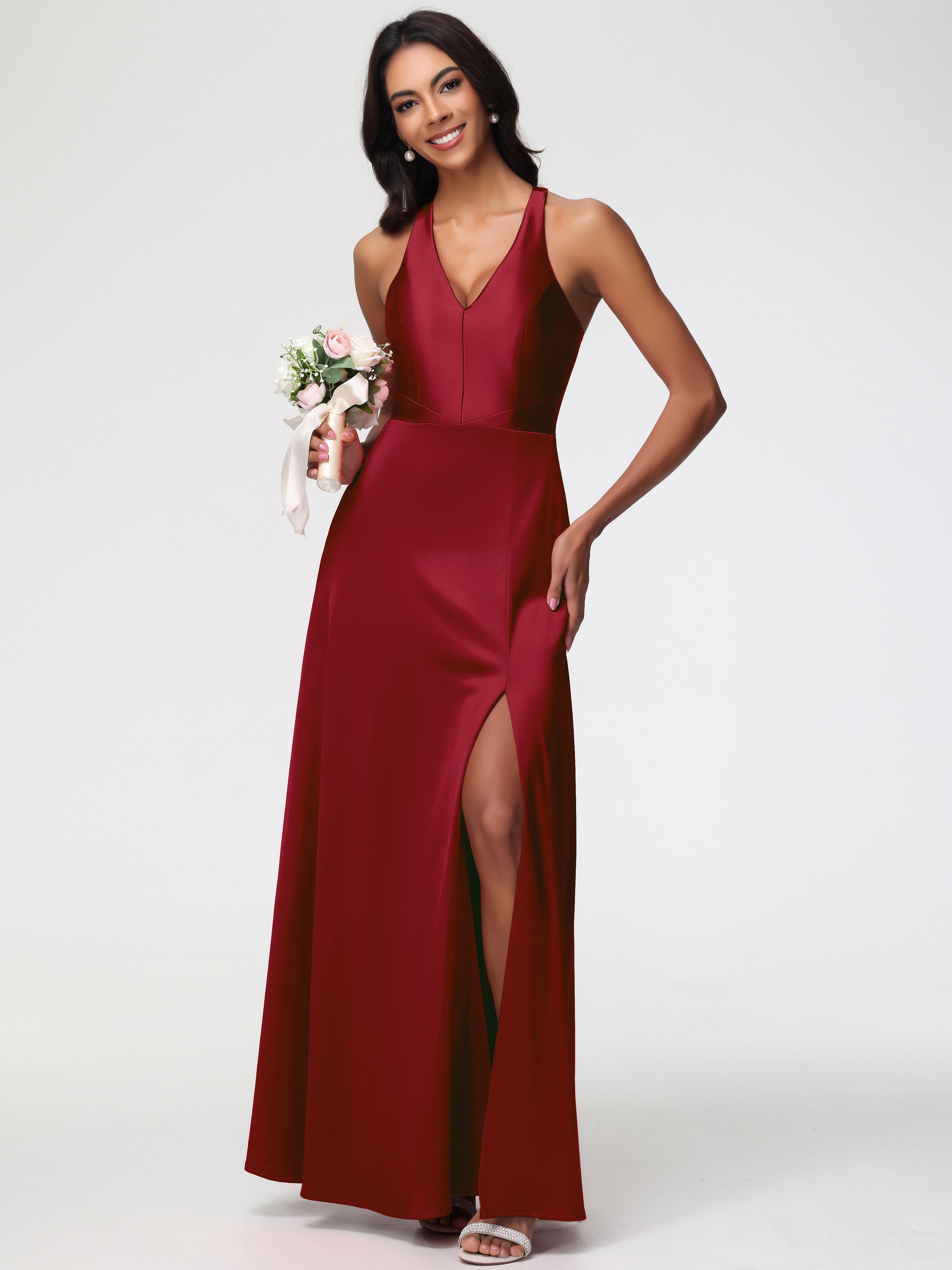 Robes Demoiselles D Honneur Bordeaux Col V Satin Extensible Fourreau/Colonne Robe De Demoiselle D'Honneur
