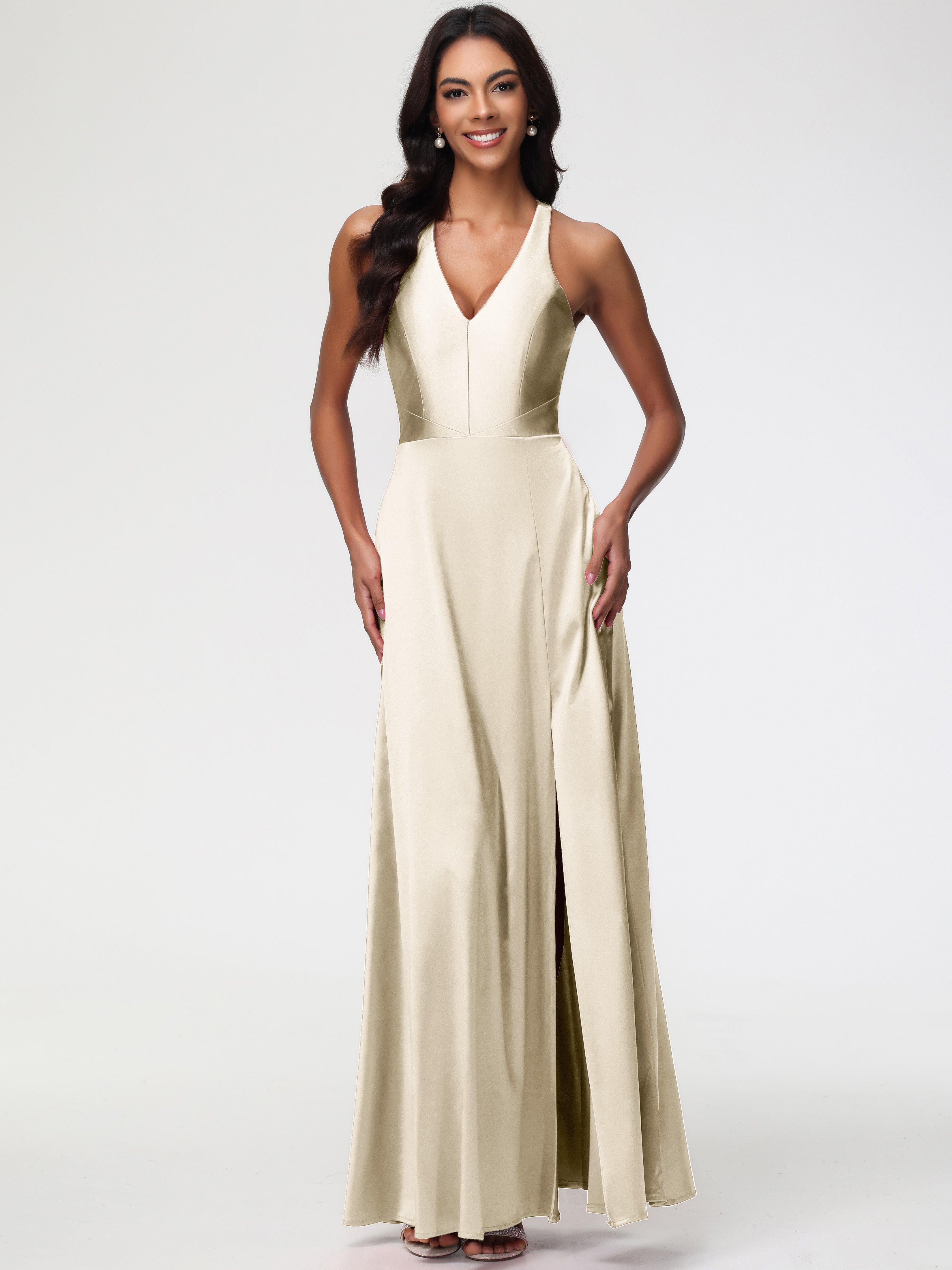 Robe Demoiselle Dhonneur Champagne Col V Satin Extensible Fourreau/Colonne Robe De Demoiselle D'Honneur