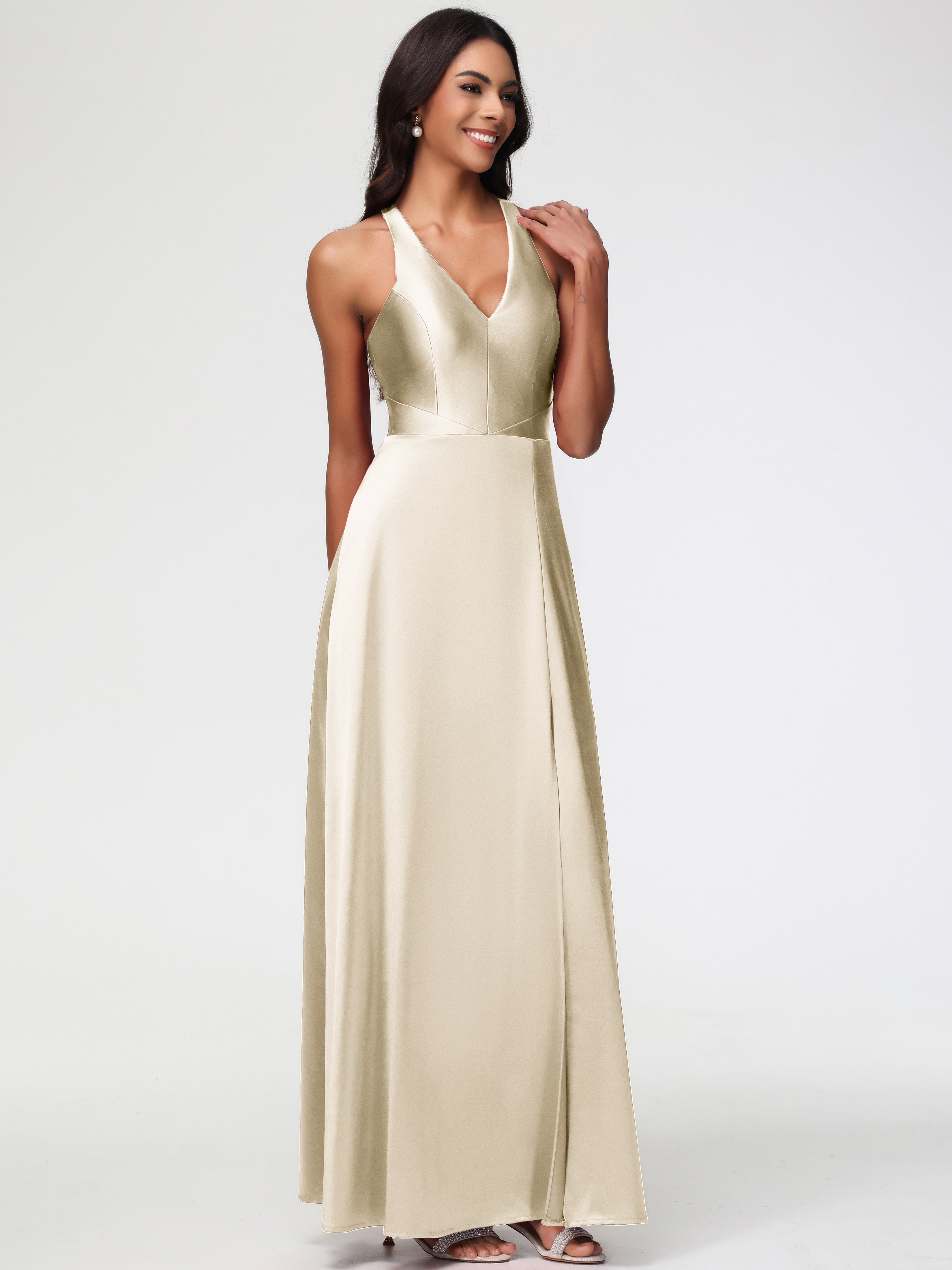 Robe Demoiselle Dhonneur Champagne Col V Satin Extensible Fourreau/Colonne Robe De Demoiselle D'Honneur