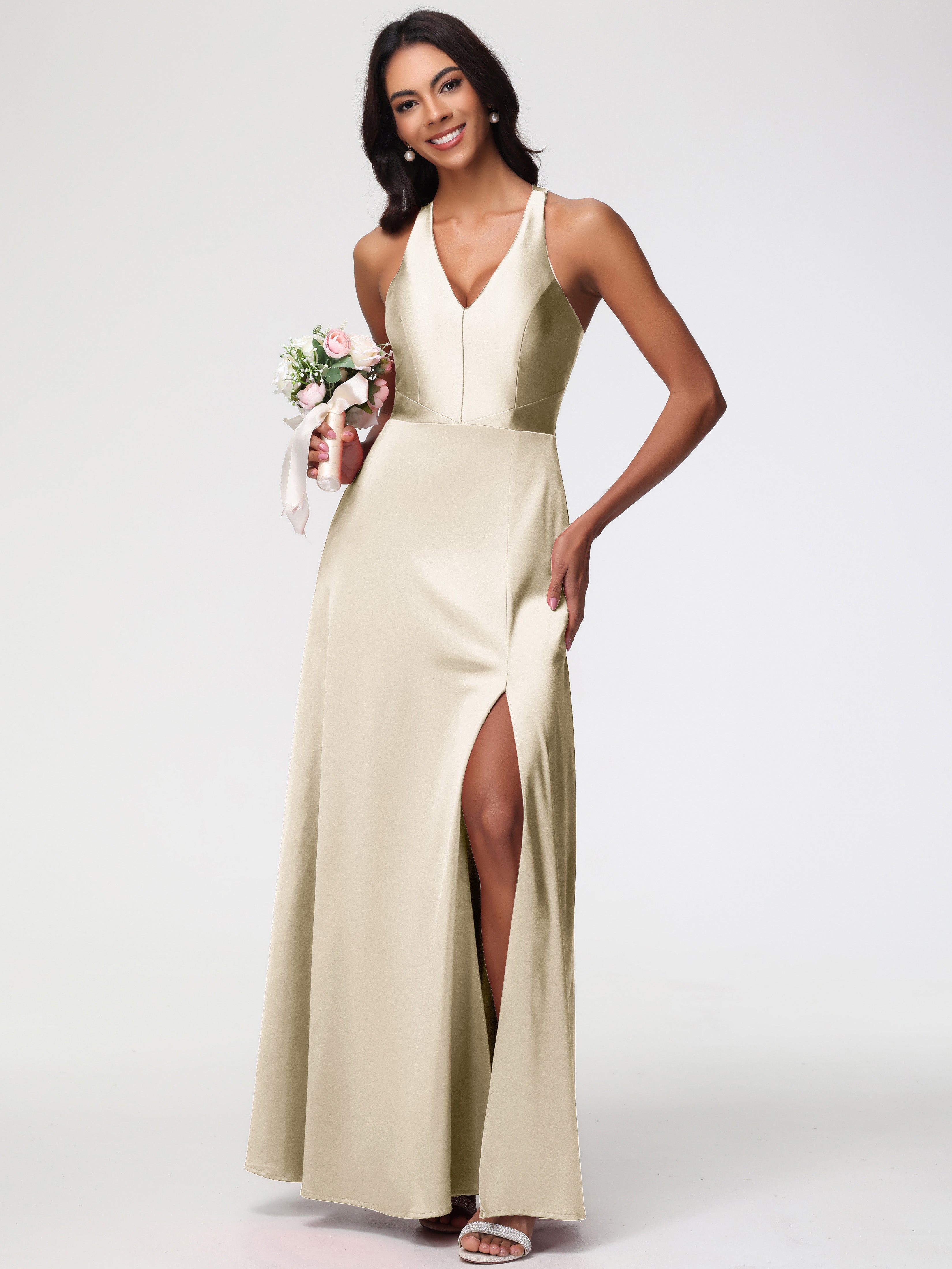 Robe Demoiselle Dhonneur Champagne Col V Satin Extensible Fourreau/Colonne Robe De Demoiselle D'Honneur