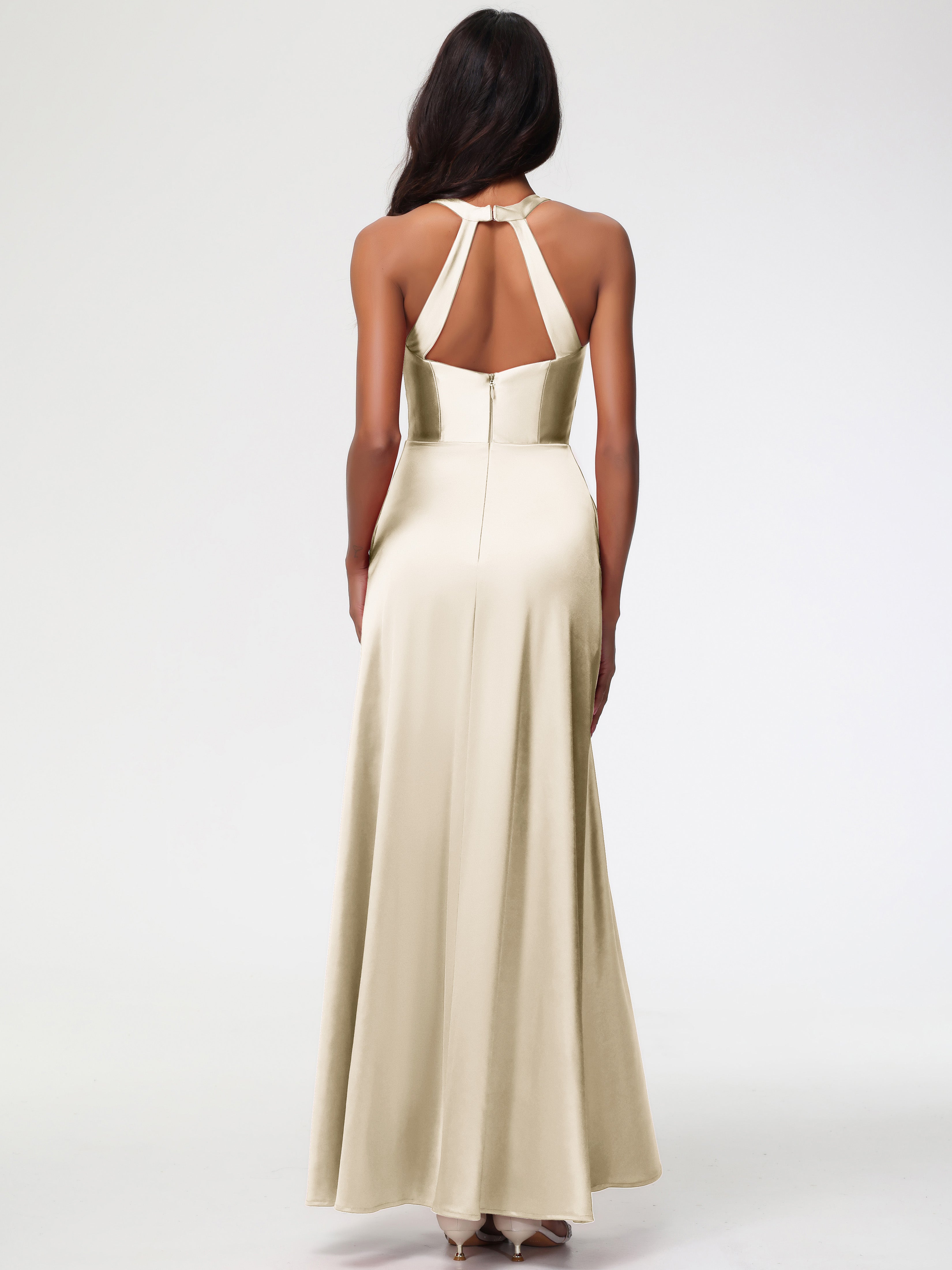 Robe Demoiselle Dhonneur Champagne Col V Satin Extensible Fourreau/Colonne Robe De Demoiselle D'Honneur