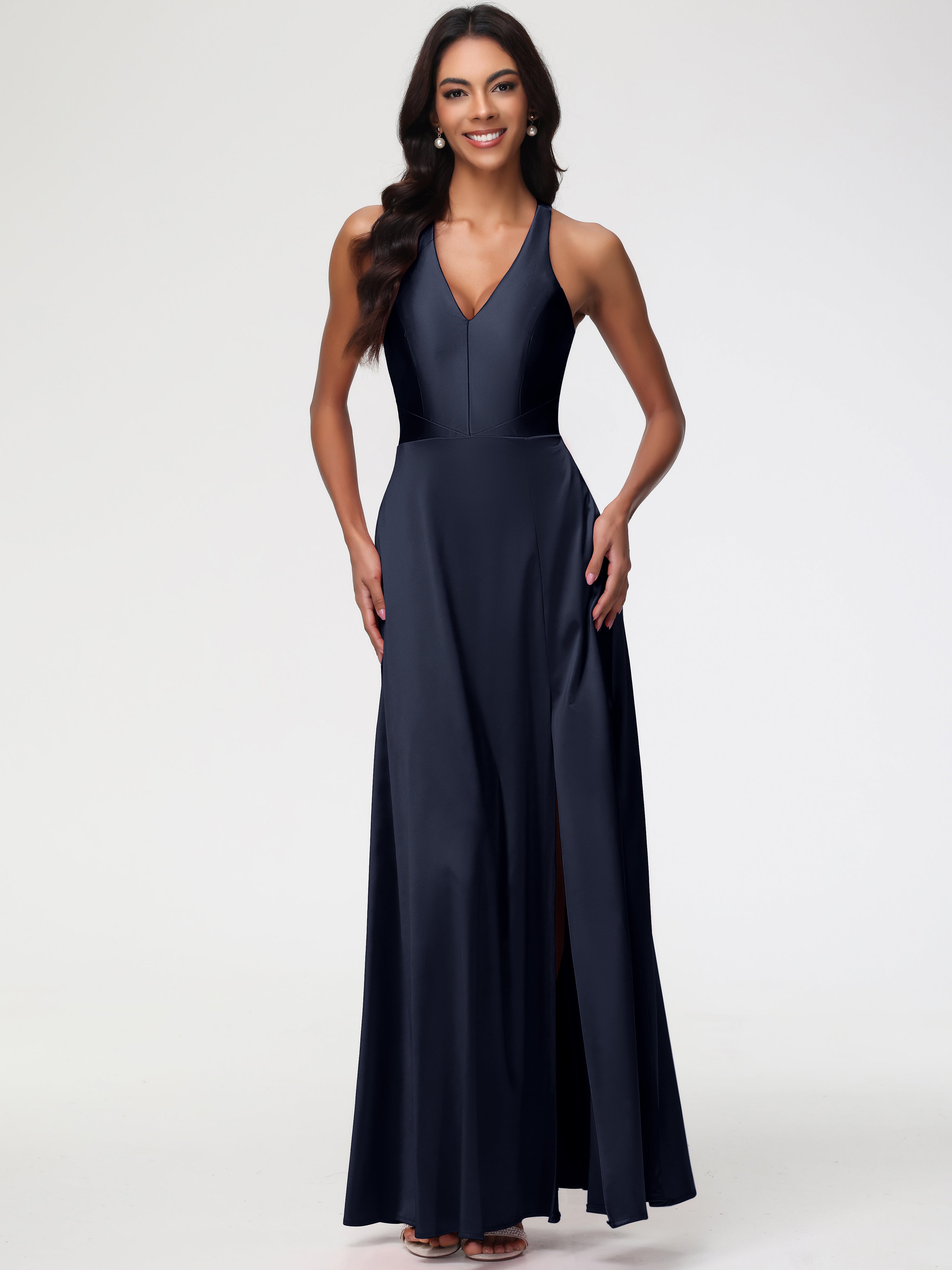 Demoiselle D Honneur Bleu Marine Col V Satin Extensible Fourreau/Colonne Robe De Demoiselle D'Honneur