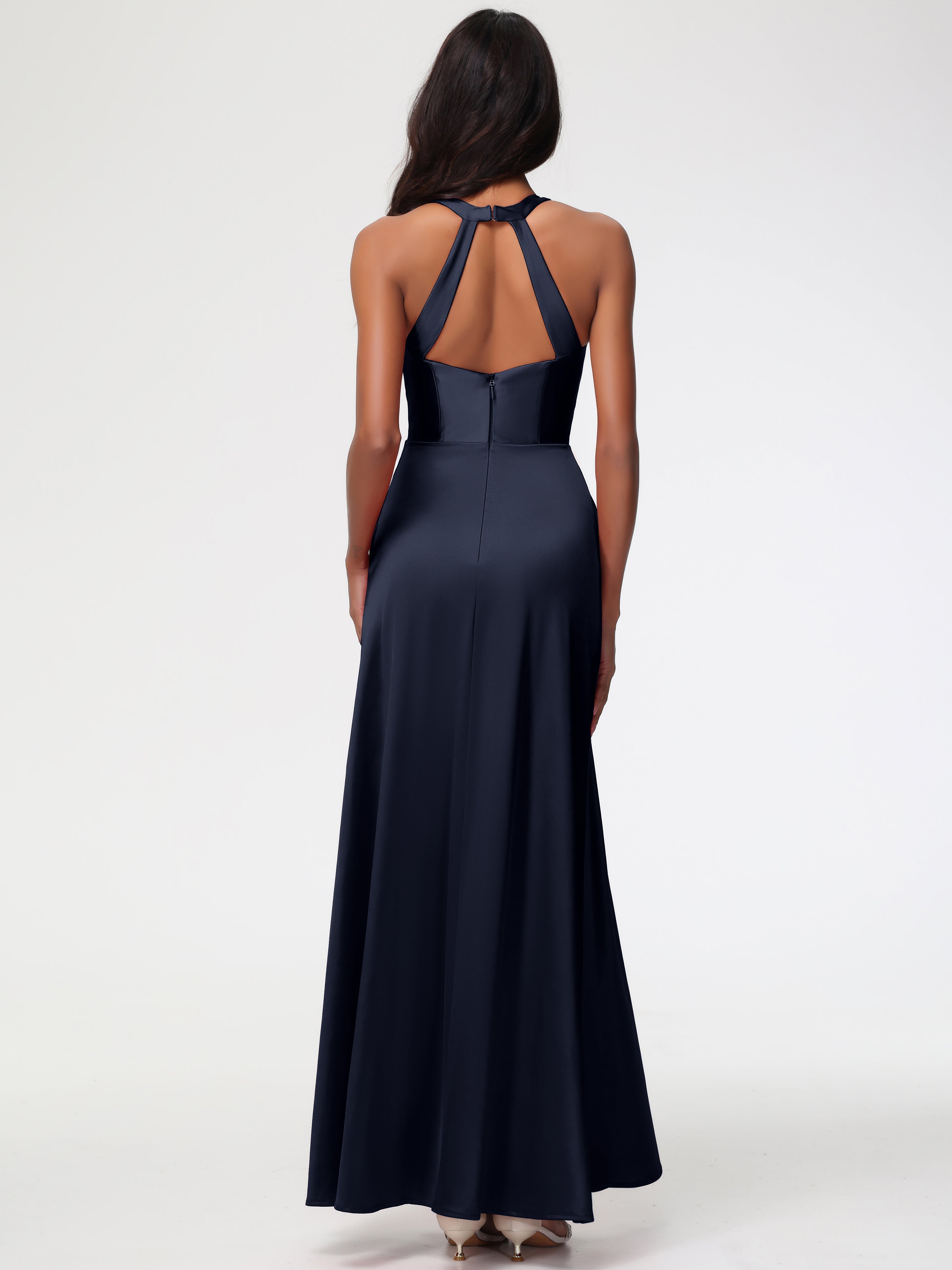 Demoiselle D Honneur Bleu Marine Col V Satin Extensible Fourreau/Colonne Robe De Demoiselle D'Honneur