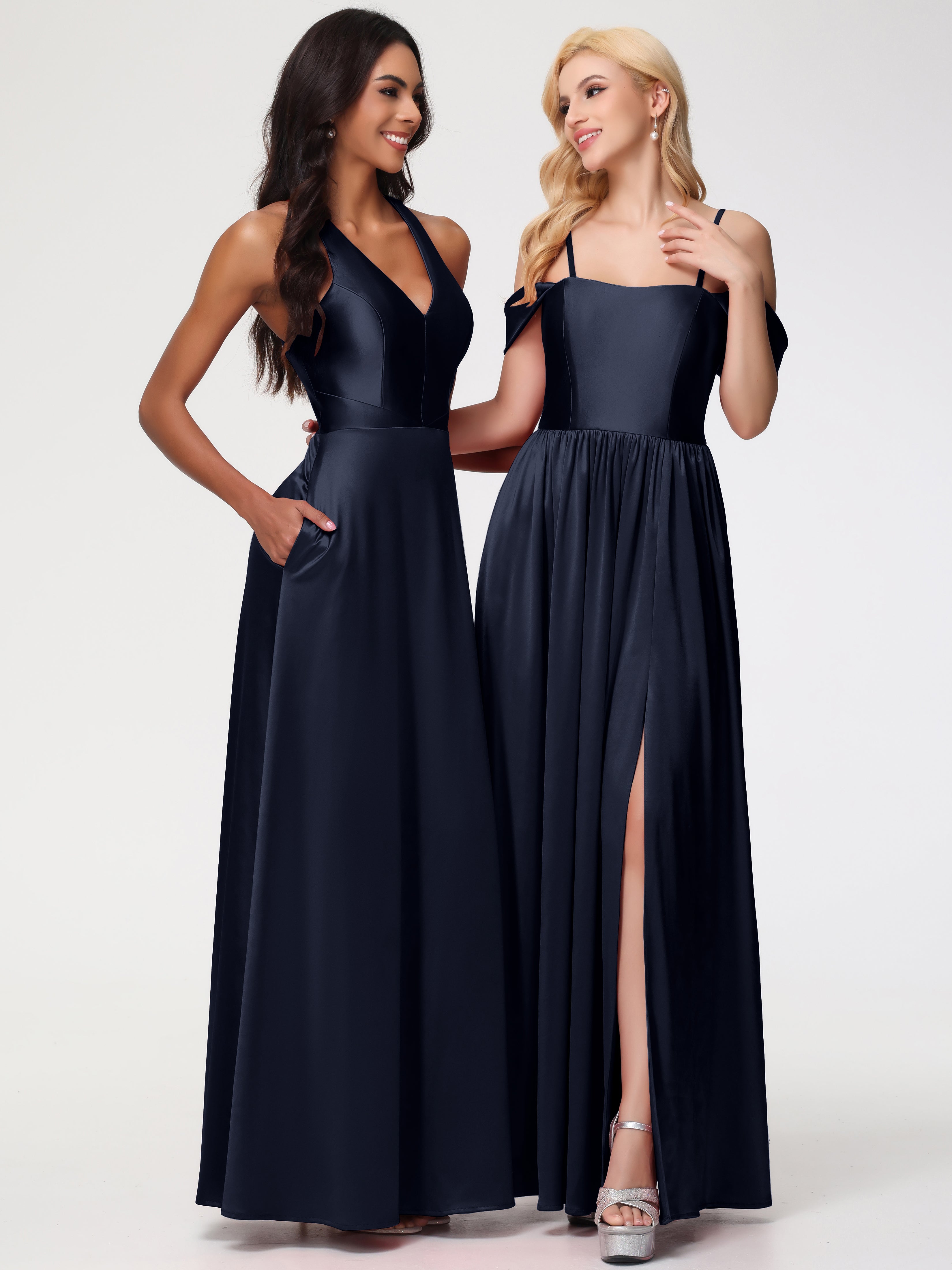 Demoiselle D Honneur Bleu Marine Col V Satin Extensible Fourreau/Colonne Robe De Demoiselle D'Honneur