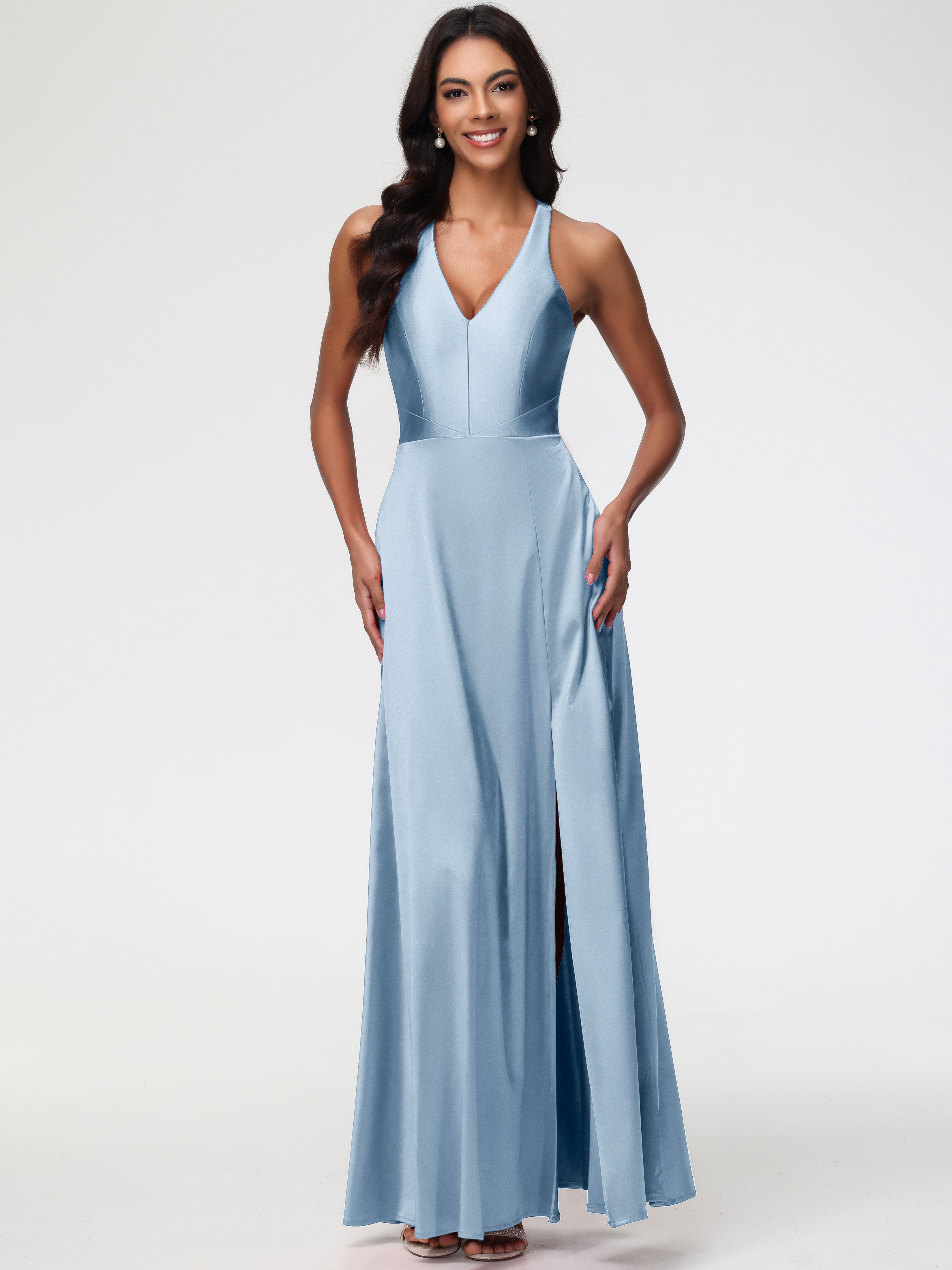 Robes De Demoiselle D'Honneur Bleu Gris Col V Satin Extensible Fourreau/Colonne Robe De Demoiselle D'Honneur