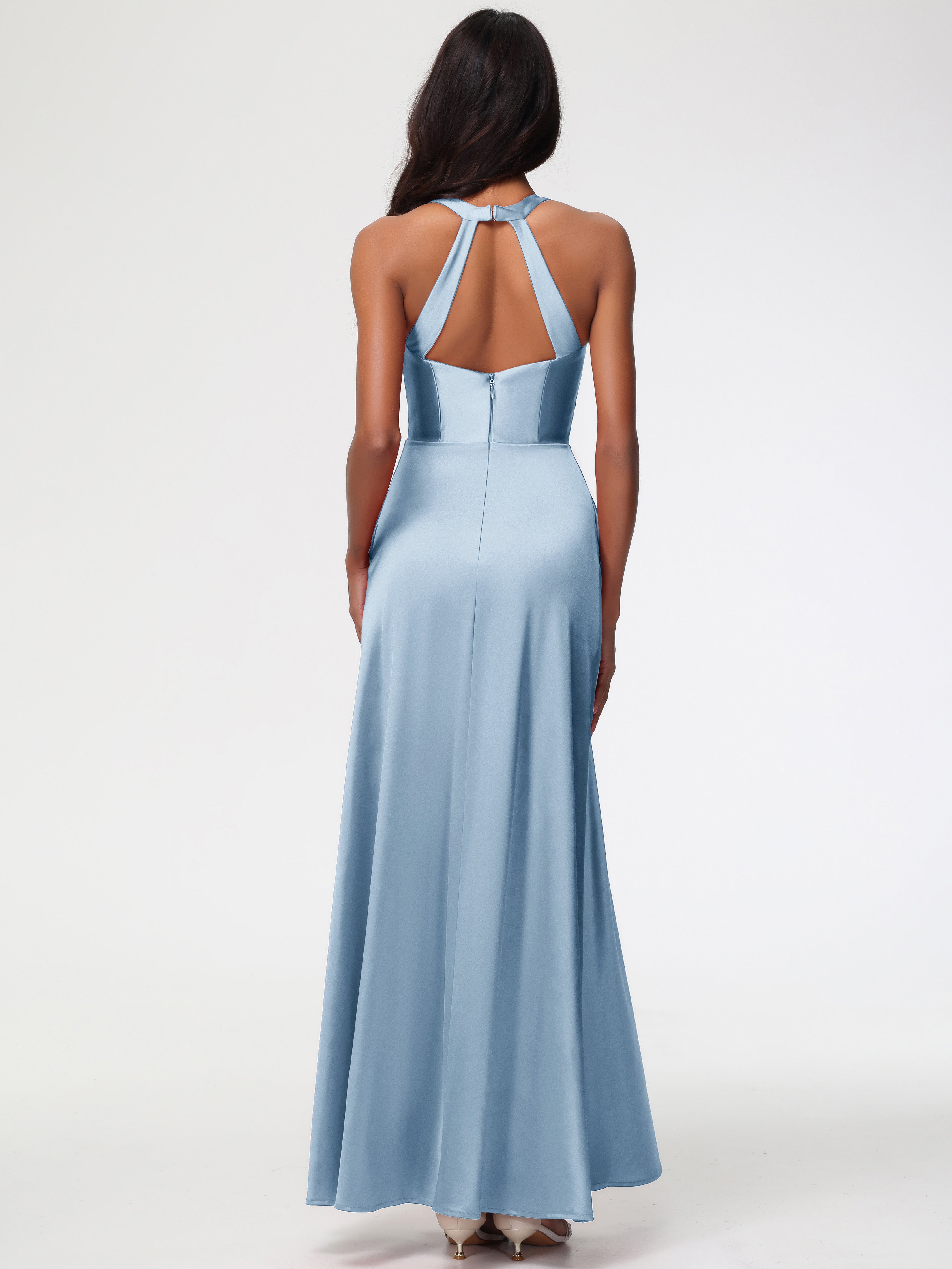 Robes De Demoiselle D'Honneur Bleu Gris Col V Satin Extensible Fourreau/Colonne Robe De Demoiselle D'Honneur