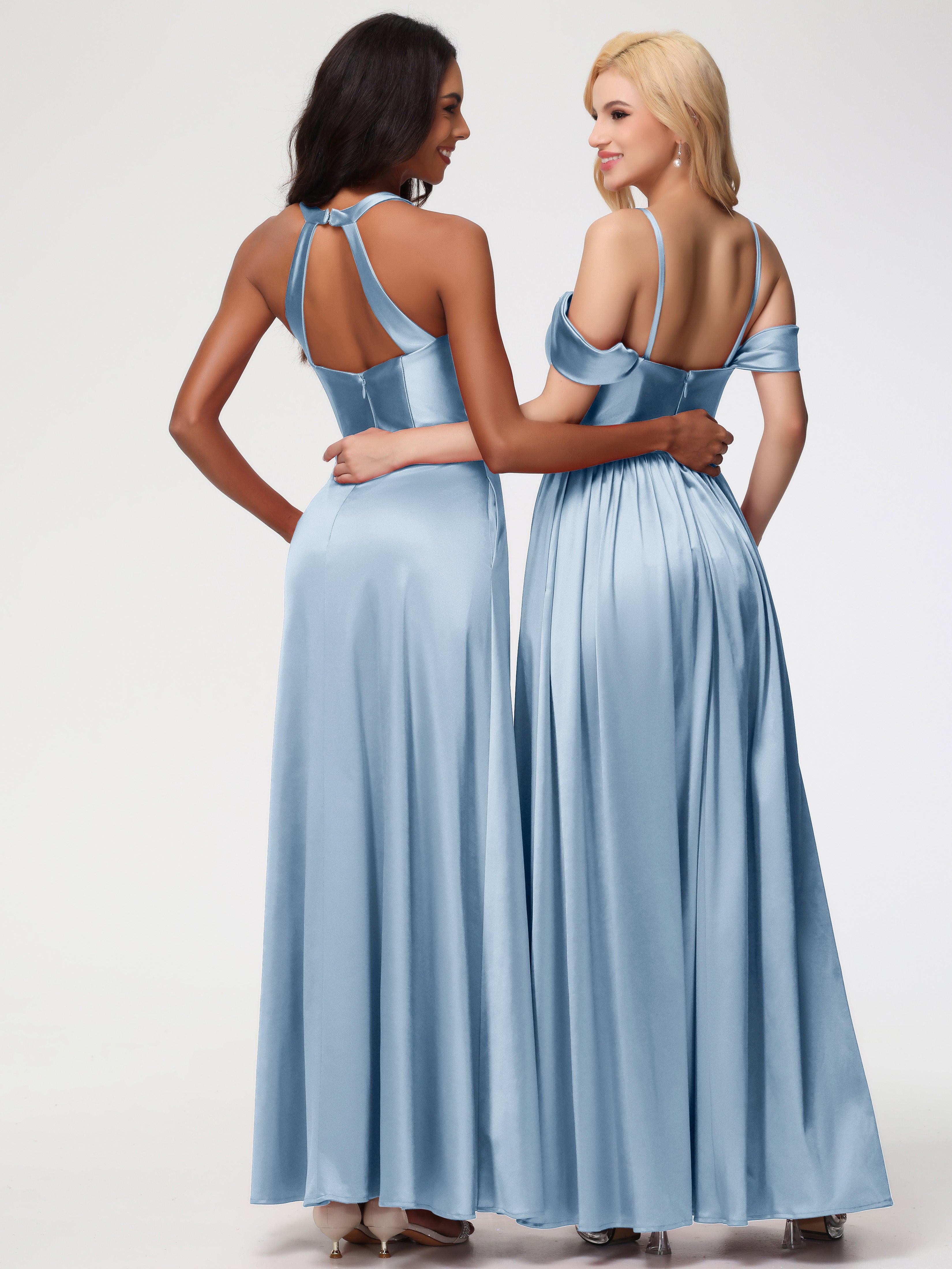 Robes De Demoiselle D'Honneur Bleu Gris Col V Satin Extensible Fourreau/Colonne Robe De Demoiselle D'Honneur