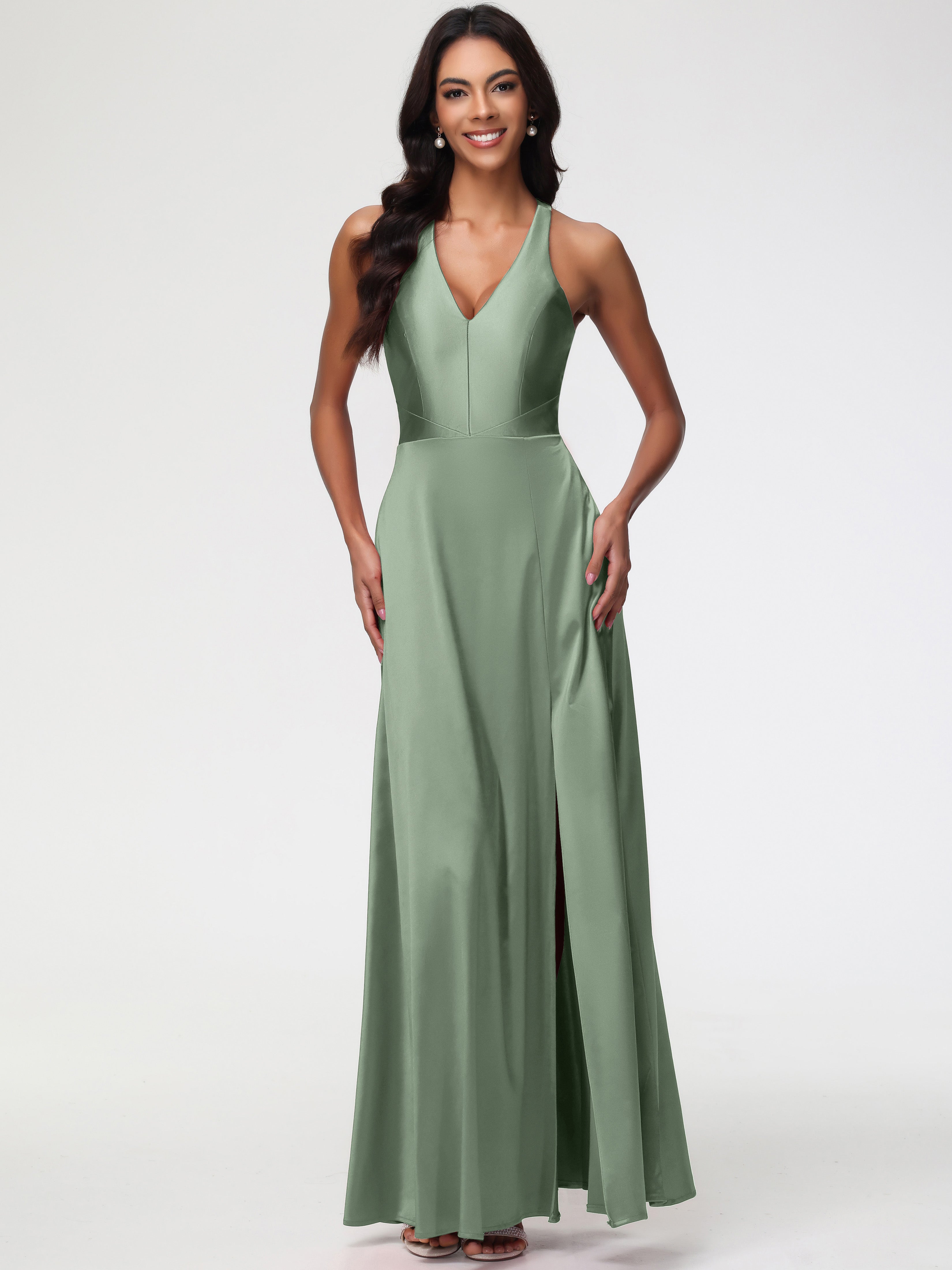 Robes Pour Demoiselles D Honneur Robe Vert Sauge Col V Satin Extensible Fourreau/Colonne Robe De Demoiselle D'Honneur