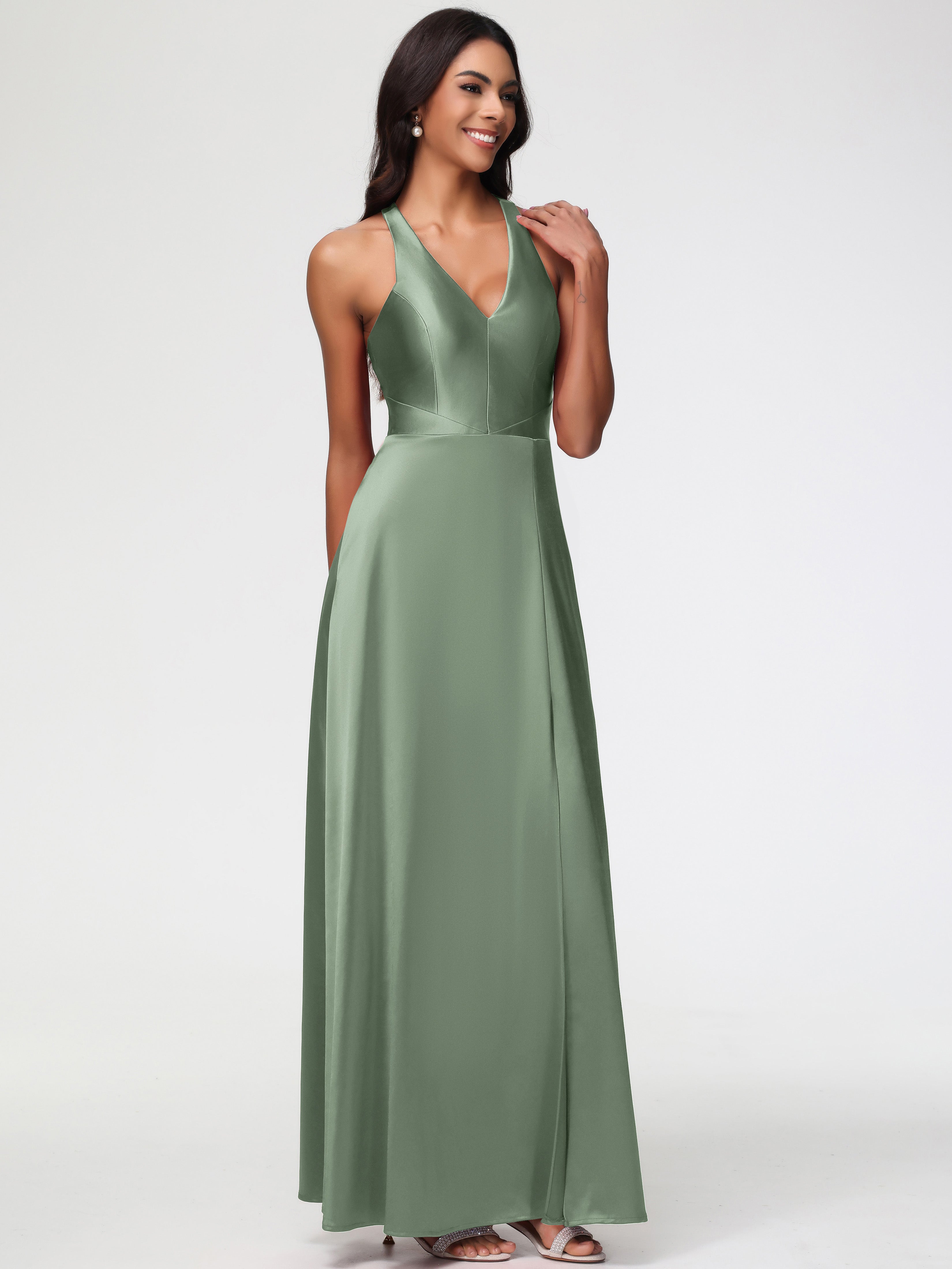 Robes Pour Demoiselles D Honneur Robe Vert Sauge Col V Satin Extensible Fourreau/Colonne Robe De Demoiselle D'Honneur