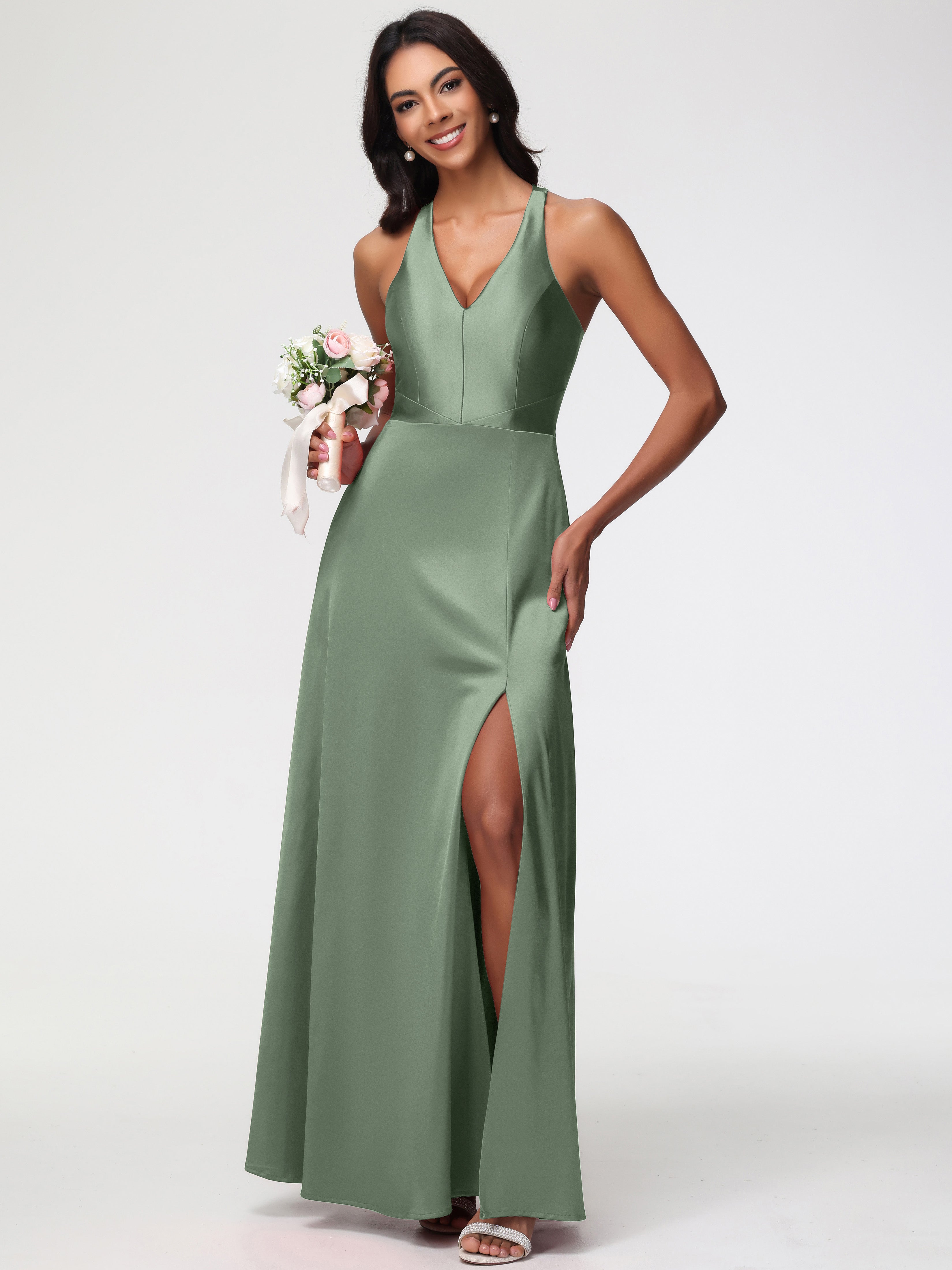 Robes Pour Demoiselles D Honneur Robe Vert Sauge Col V Satin Extensible Fourreau/Colonne Robe De Demoiselle D'Honneur