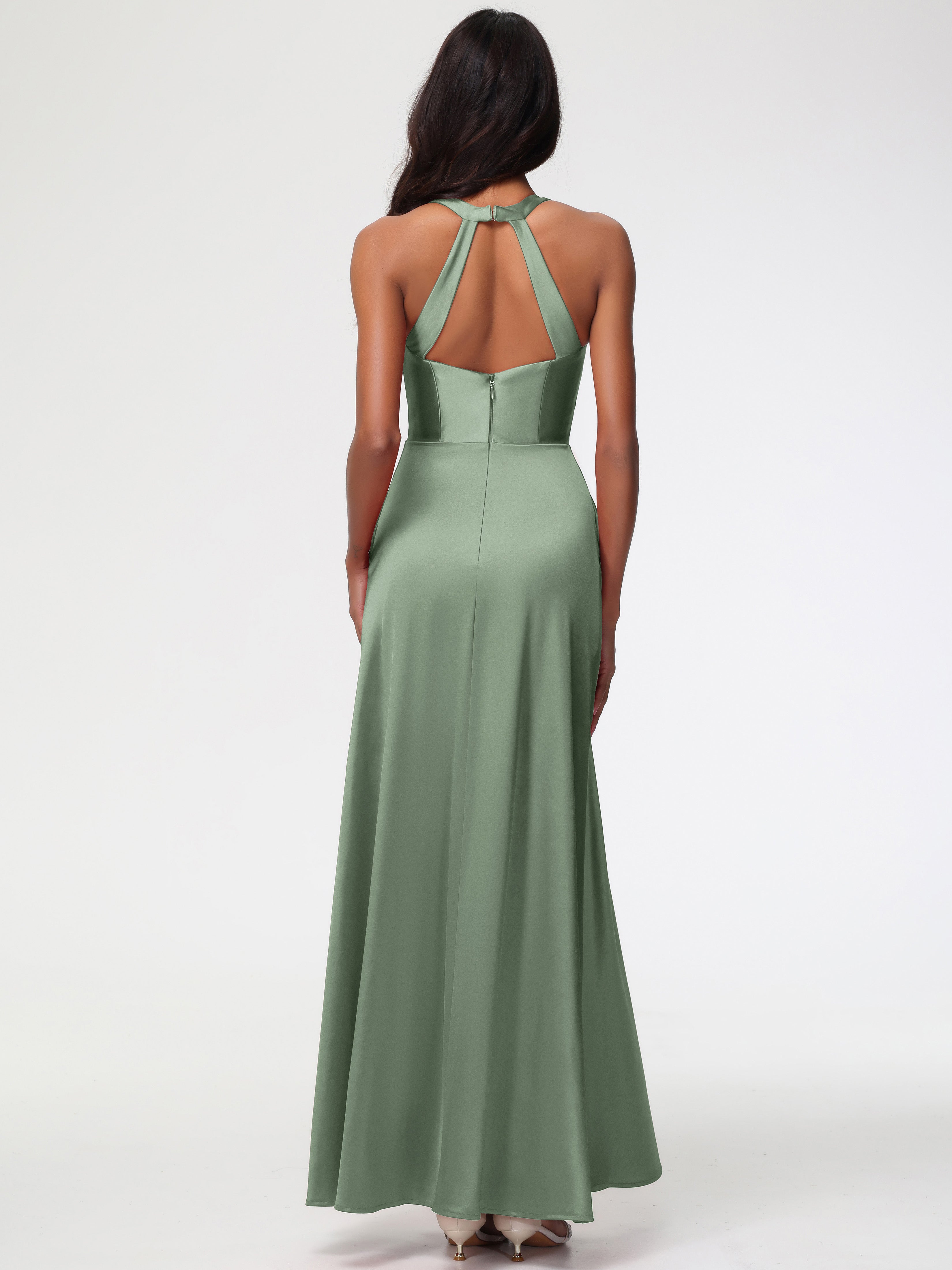 Robes Pour Demoiselles D Honneur Robe Vert Sauge Col V Satin Extensible Fourreau/Colonne Robe De Demoiselle D'Honneur