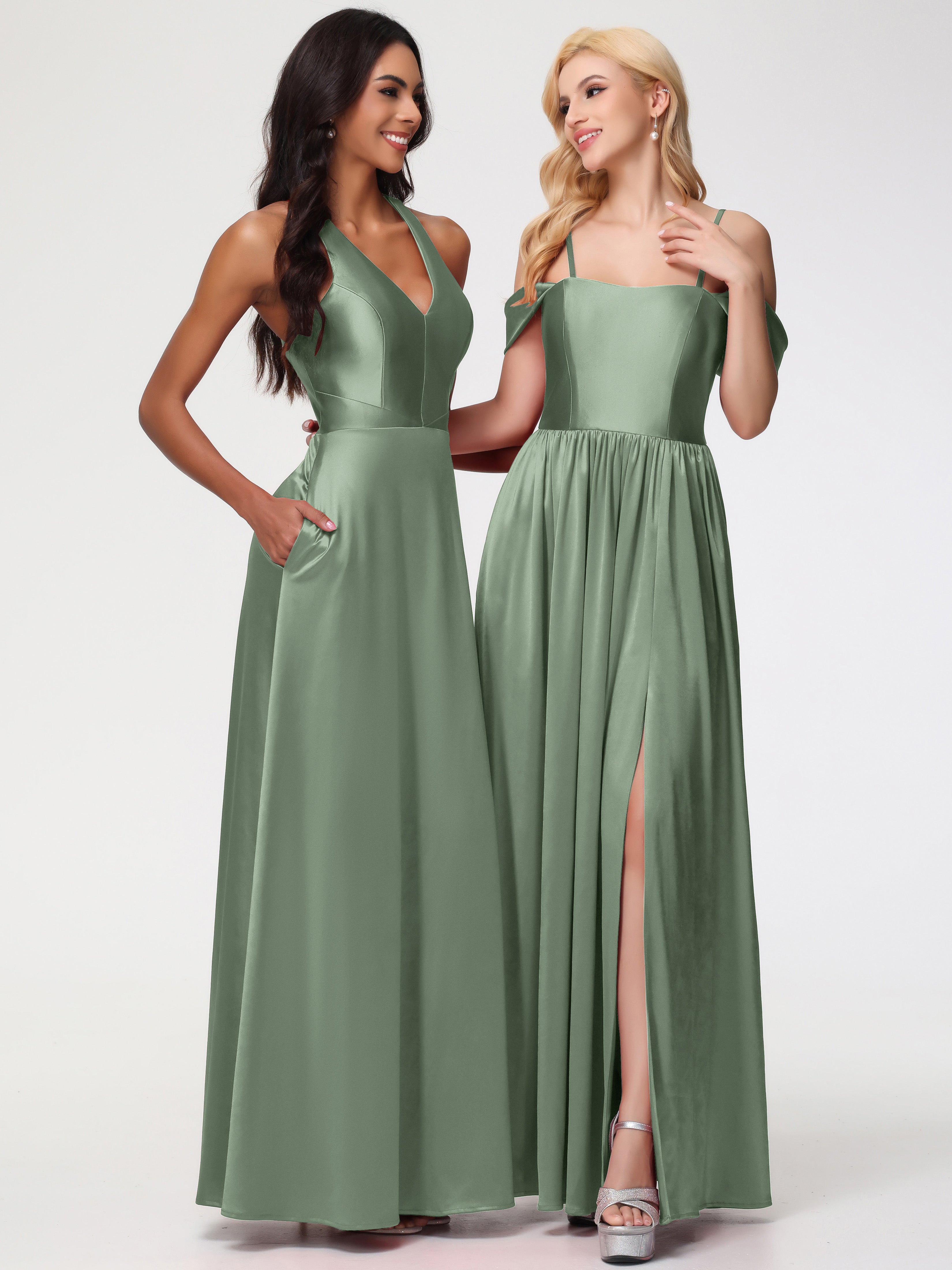 Robes Pour Demoiselles D Honneur Robe Vert Sauge Col V Satin Extensible Fourreau/Colonne Robe De Demoiselle D'Honneur