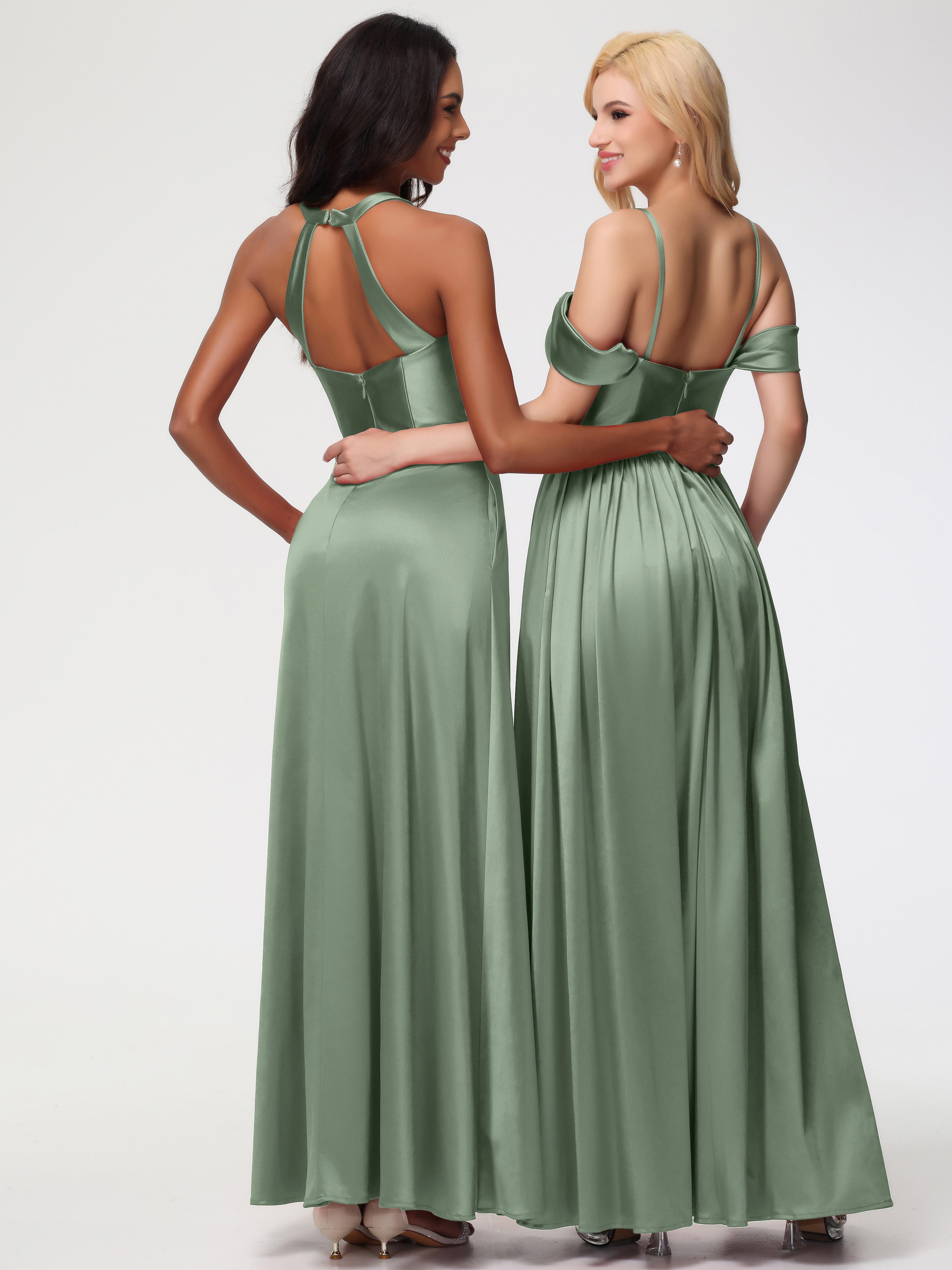 Robes Pour Demoiselles D Honneur Robe Vert Sauge Col V Satin Extensible Fourreau/Colonne Robe De Demoiselle D'Honneur