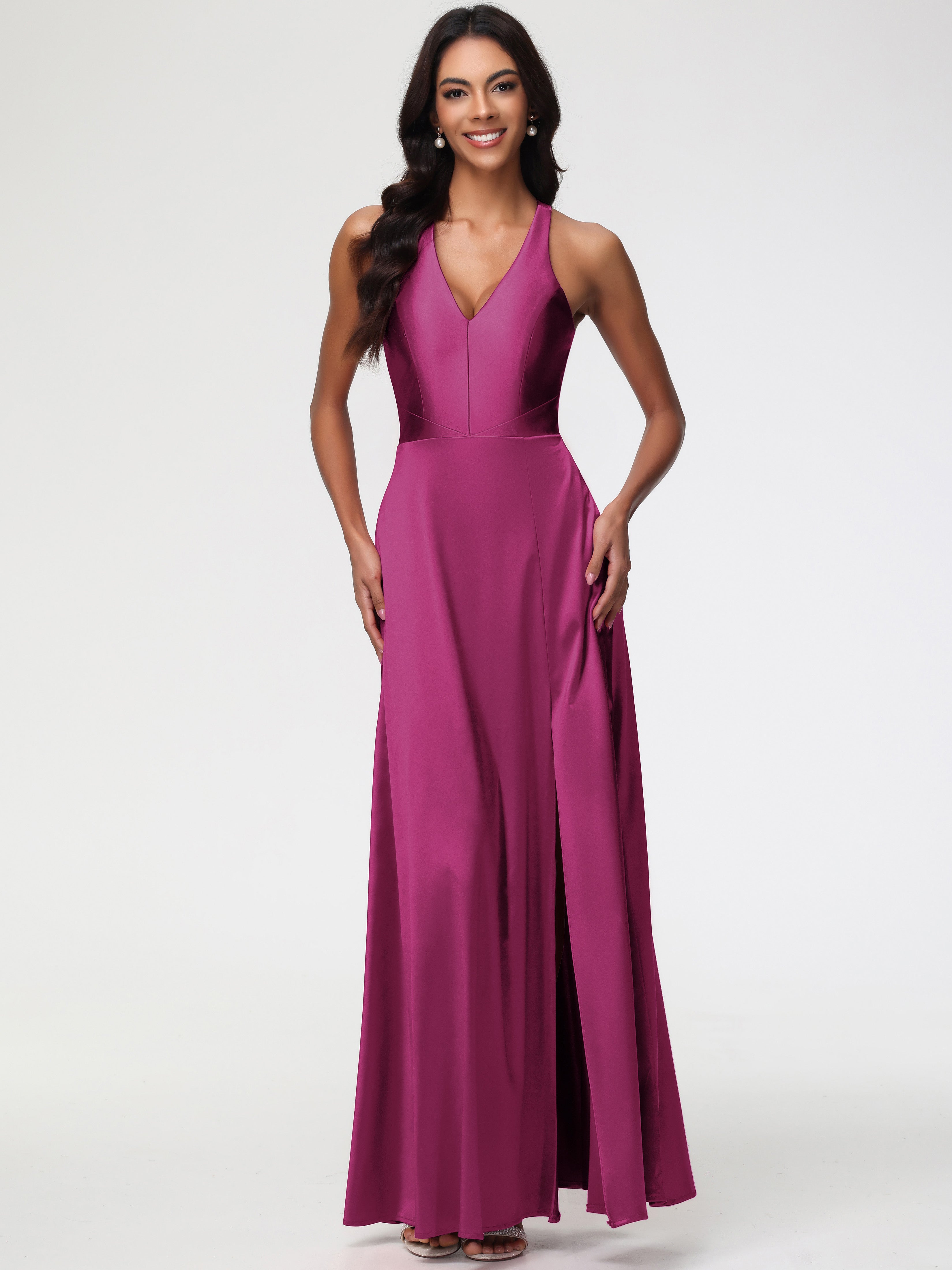 Robe Fuchsia Demoiselle D Honneur Col V Satin Extensible Fourreau/Colonne Robe De Demoiselle D'Honneur