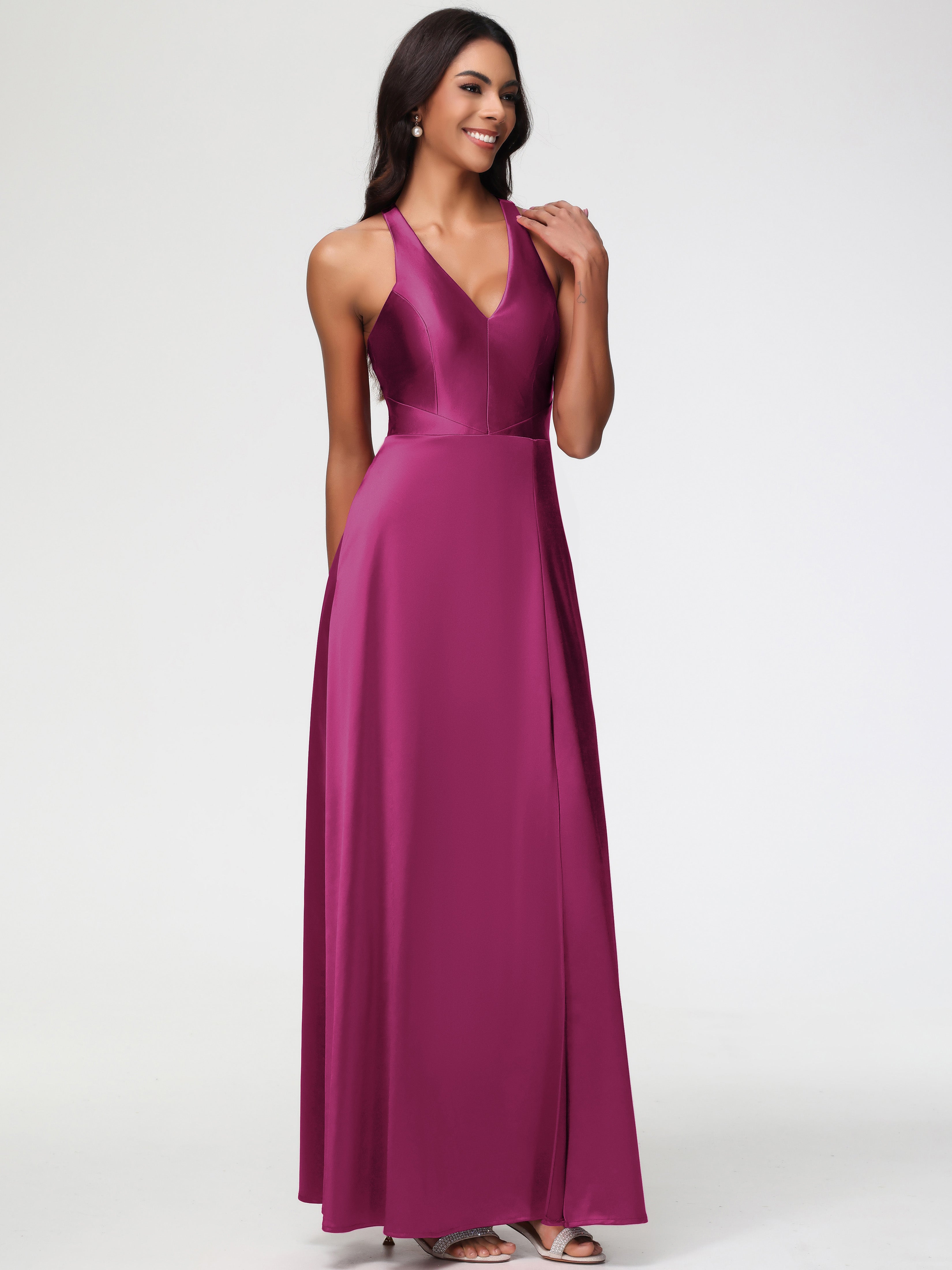 Robe Fuchsia Demoiselle D Honneur Col V Satin Extensible Fourreau/Colonne Robe De Demoiselle D'Honneur