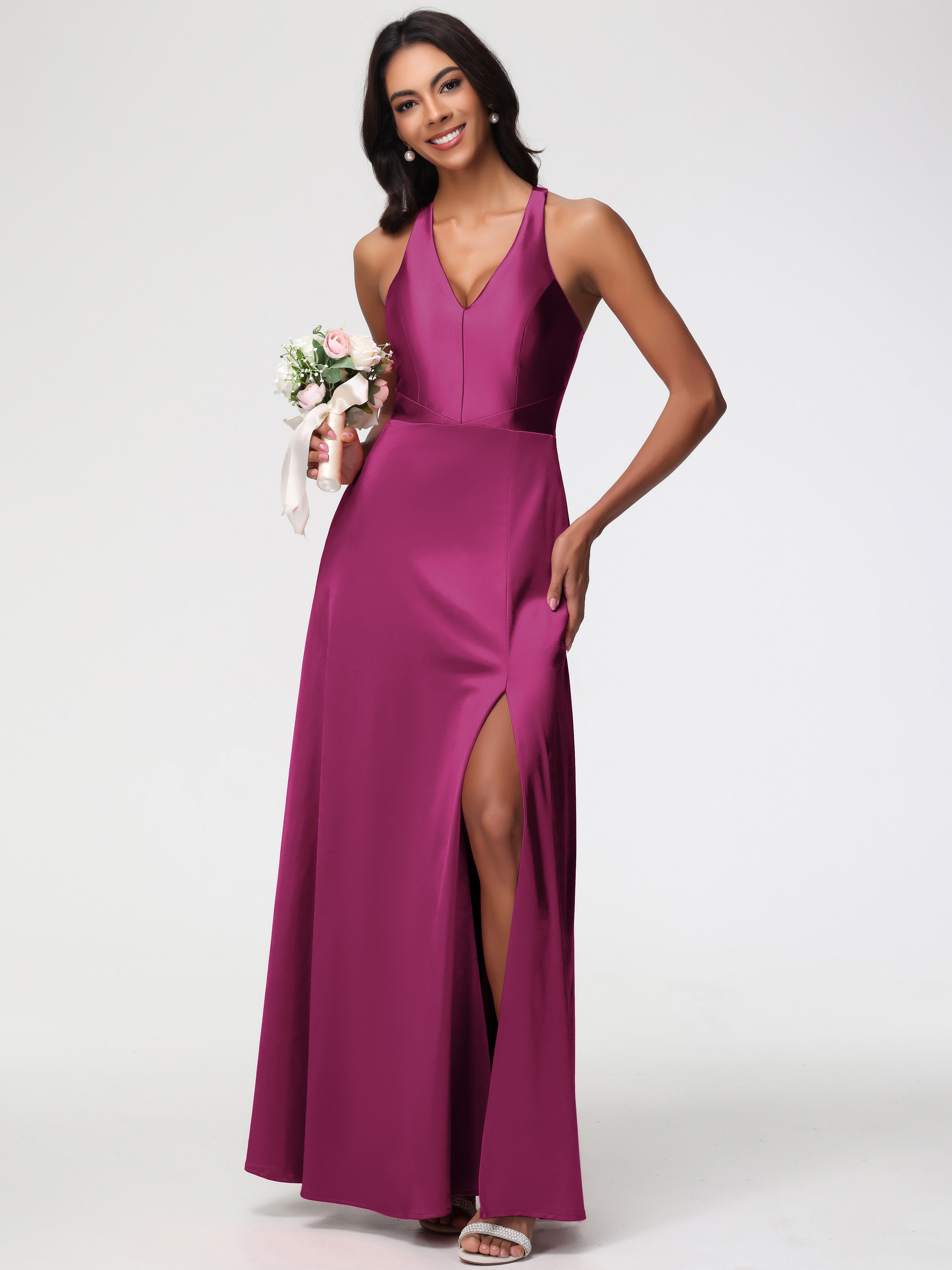 Robe Fuchsia Demoiselle D Honneur Col V Satin Extensible Fourreau/Colonne Robe De Demoiselle D'Honneur