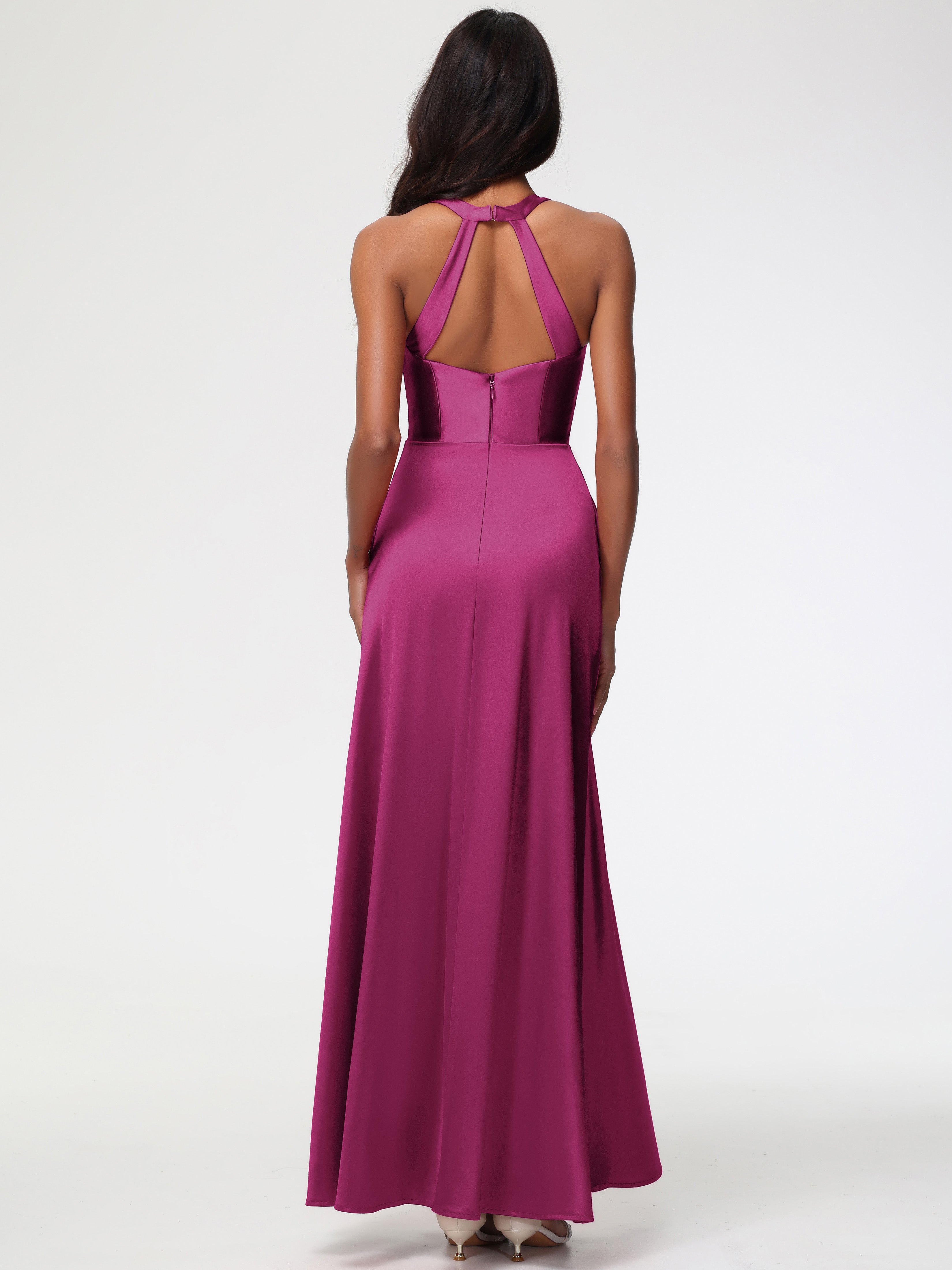 Robe Fuchsia Demoiselle D Honneur Col V Satin Extensible Fourreau/Colonne Robe De Demoiselle D'Honneur