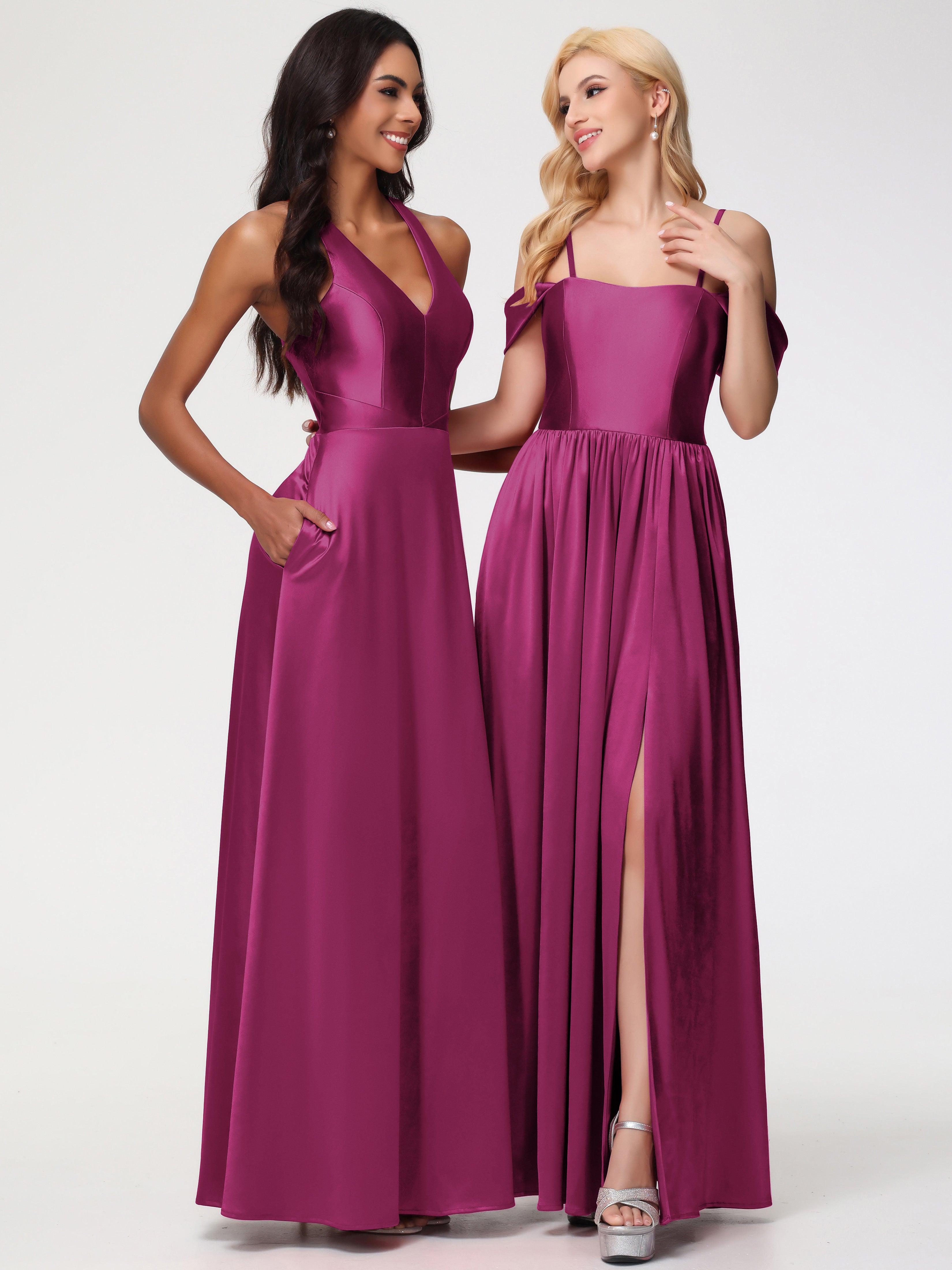 Robe Fuchsia Demoiselle D Honneur Col V Satin Extensible Fourreau/Colonne Robe De Demoiselle D'Honneur