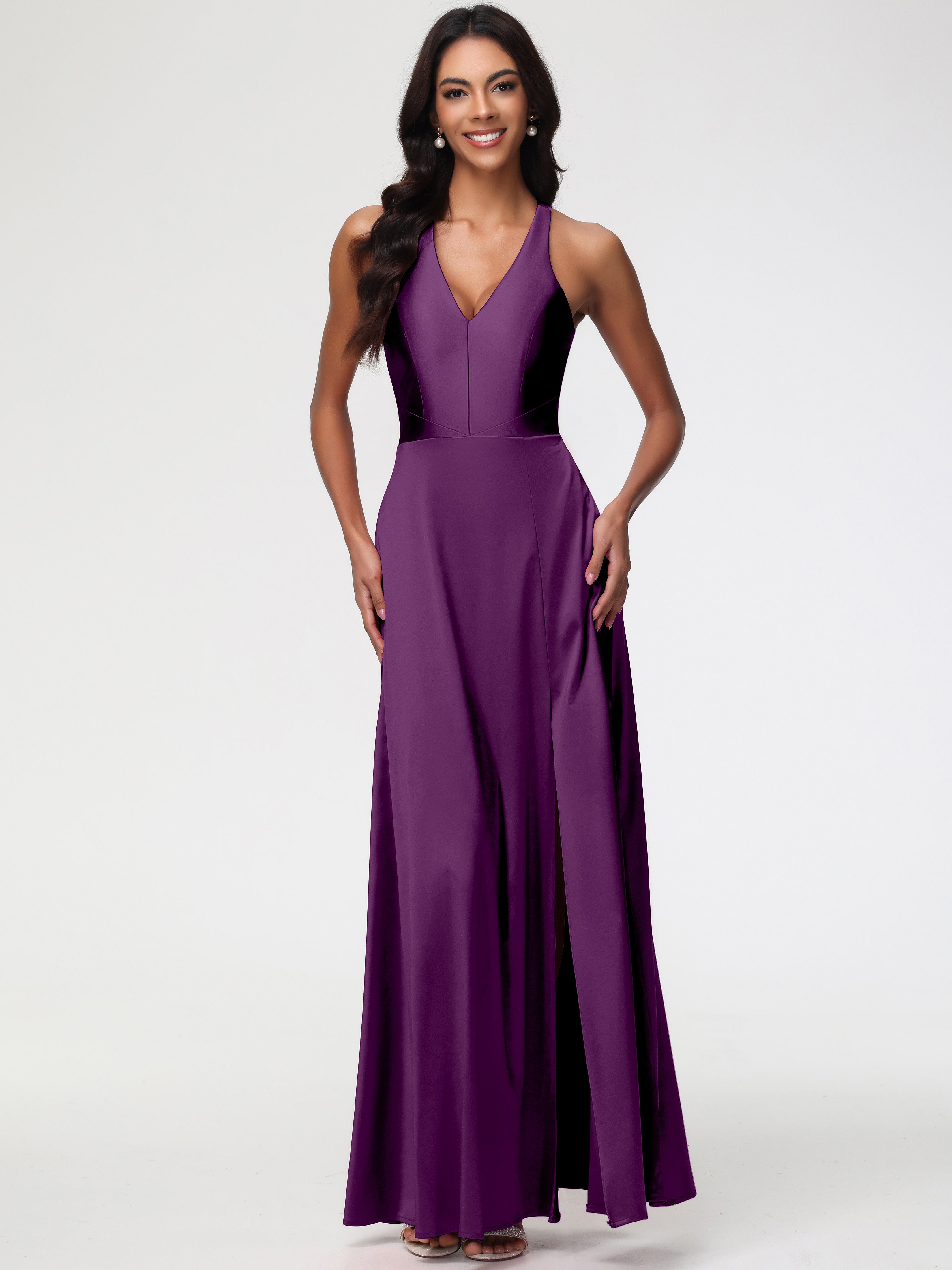 Robes De Demoiselle D'Honneur En Raisin Col V Satin Extensible Fourreau/Colonne Robe De Demoiselle D'Honneur