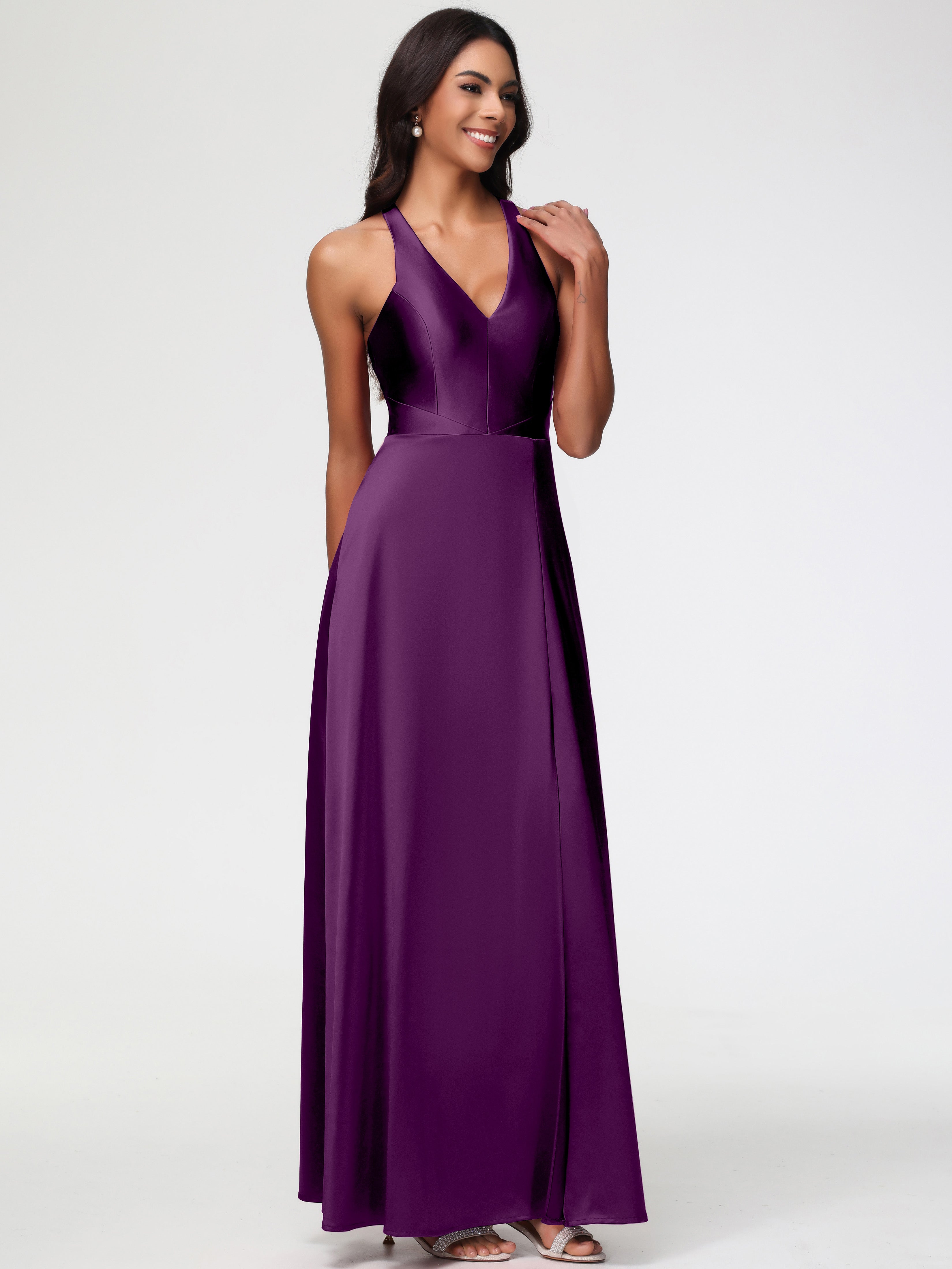 Robes De Demoiselle D'Honneur En Raisin Col V Satin Extensible Fourreau/Colonne Robe De Demoiselle D'Honneur