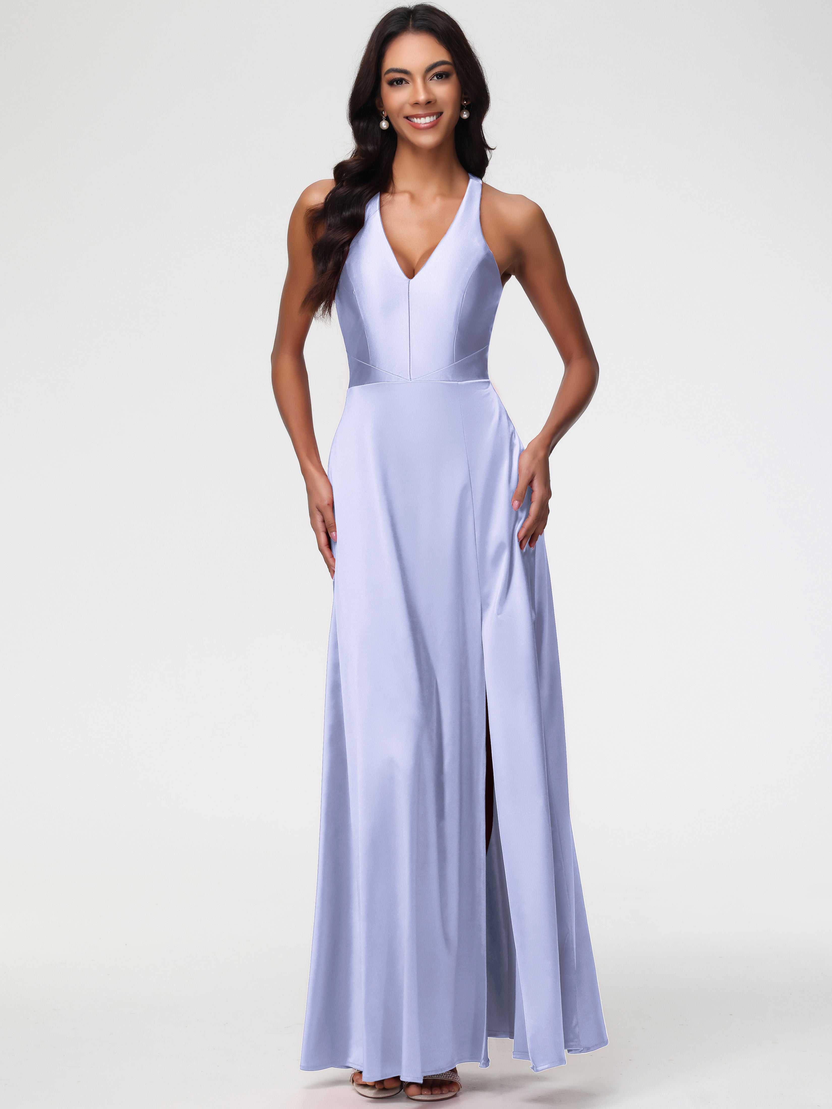 Robe Lavande Demoiselle D Honneur Col V Satin Extensible Fourreau/Colonne Robe De Demoiselle D'Honneur
