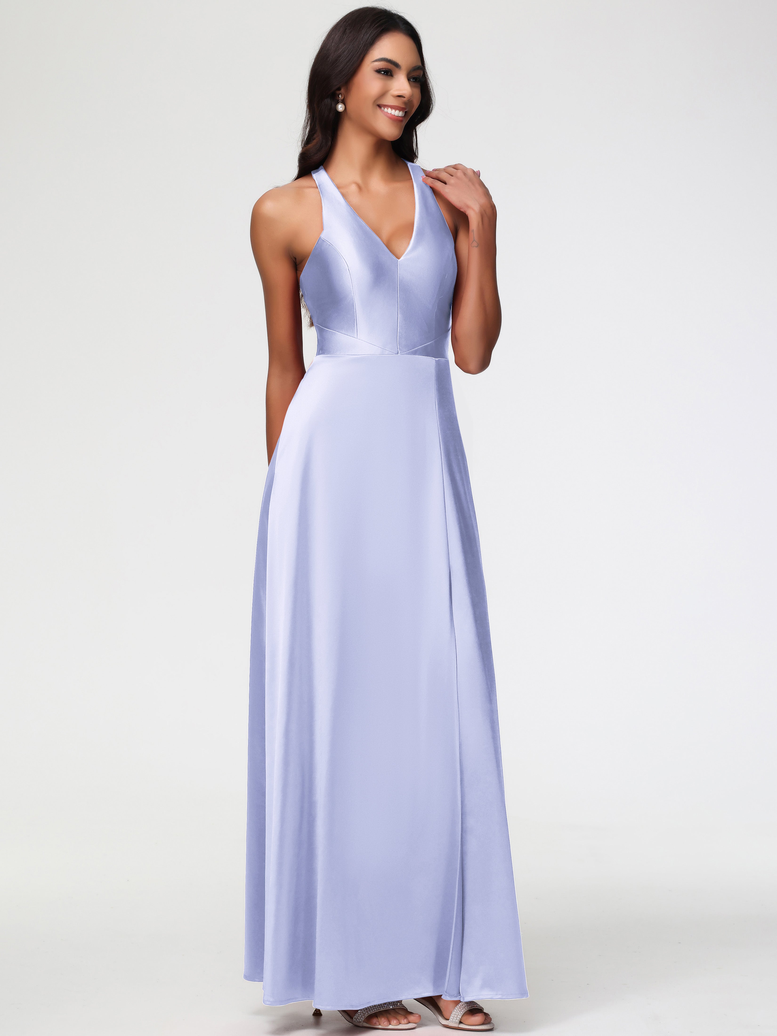 Robe Lavande Demoiselle D Honneur Col V Satin Extensible Fourreau/Colonne Robe De Demoiselle D'Honneur