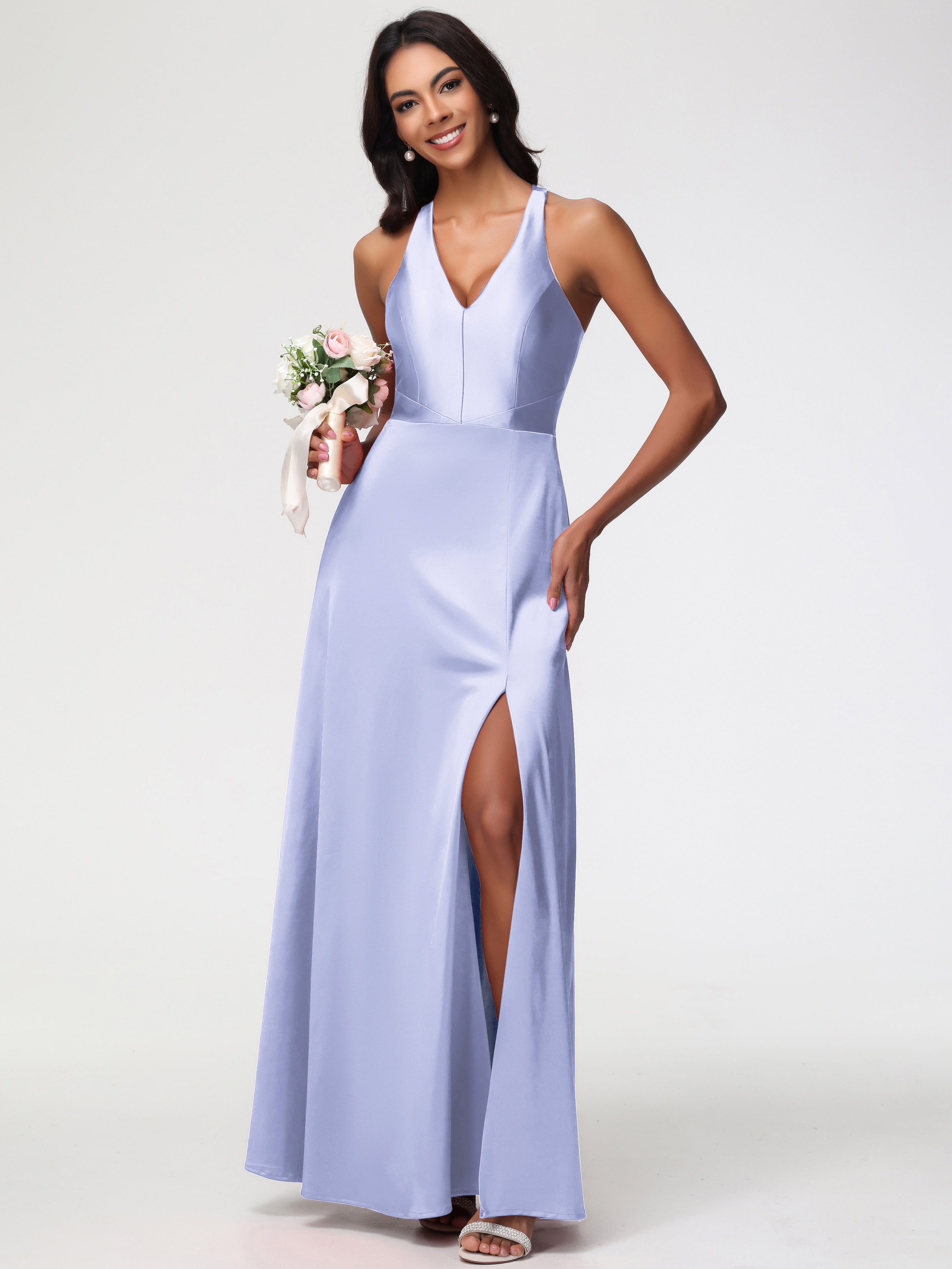 Robe Lavande Demoiselle D Honneur Col V Satin Extensible Fourreau/Colonne Robe De Demoiselle D'Honneur