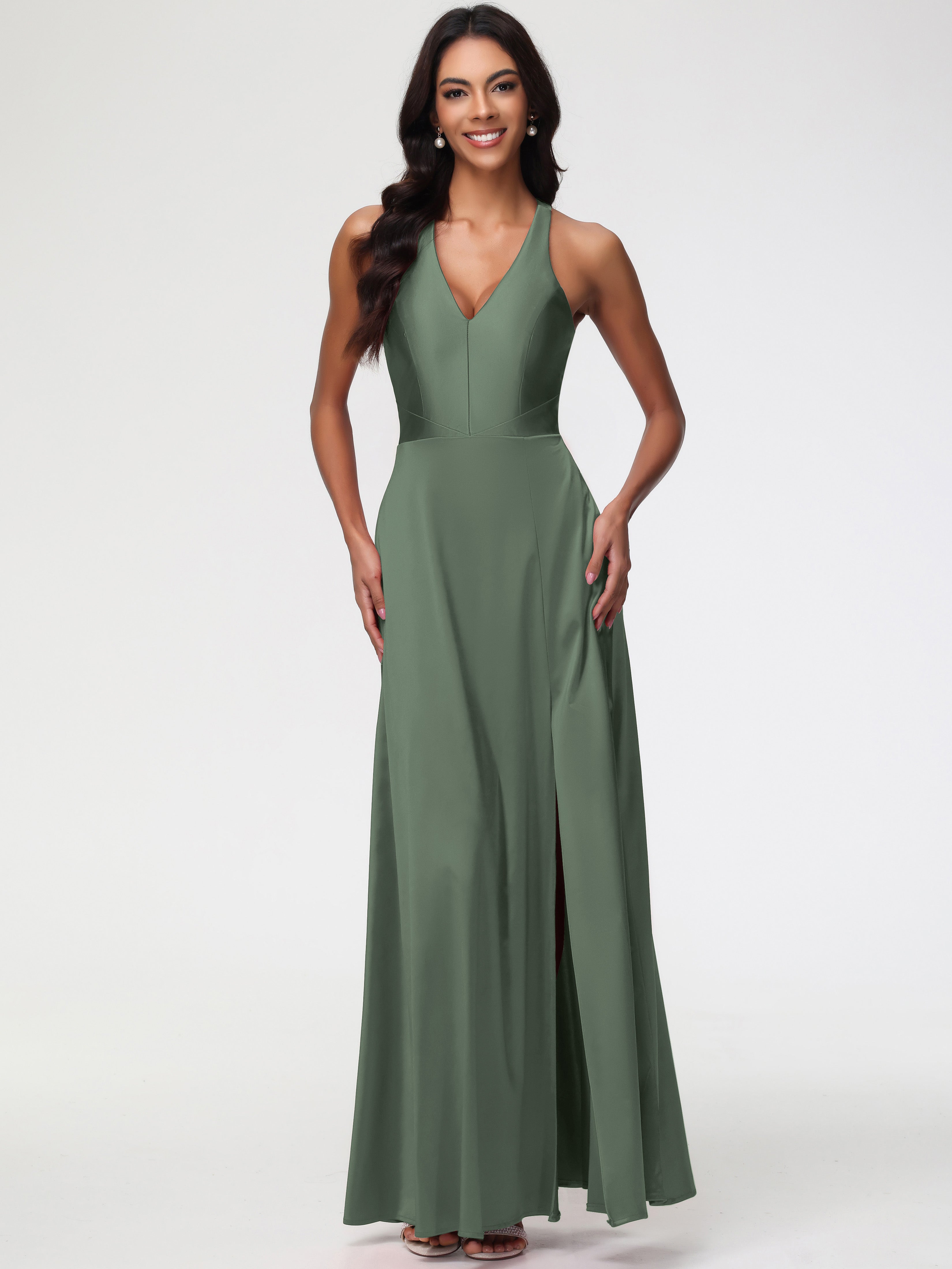 Robes De Demoiselle D'Honneur Vert Olive Col V Satin Extensible Fourreau/Colonne Robe De Demoiselle D'Honneur