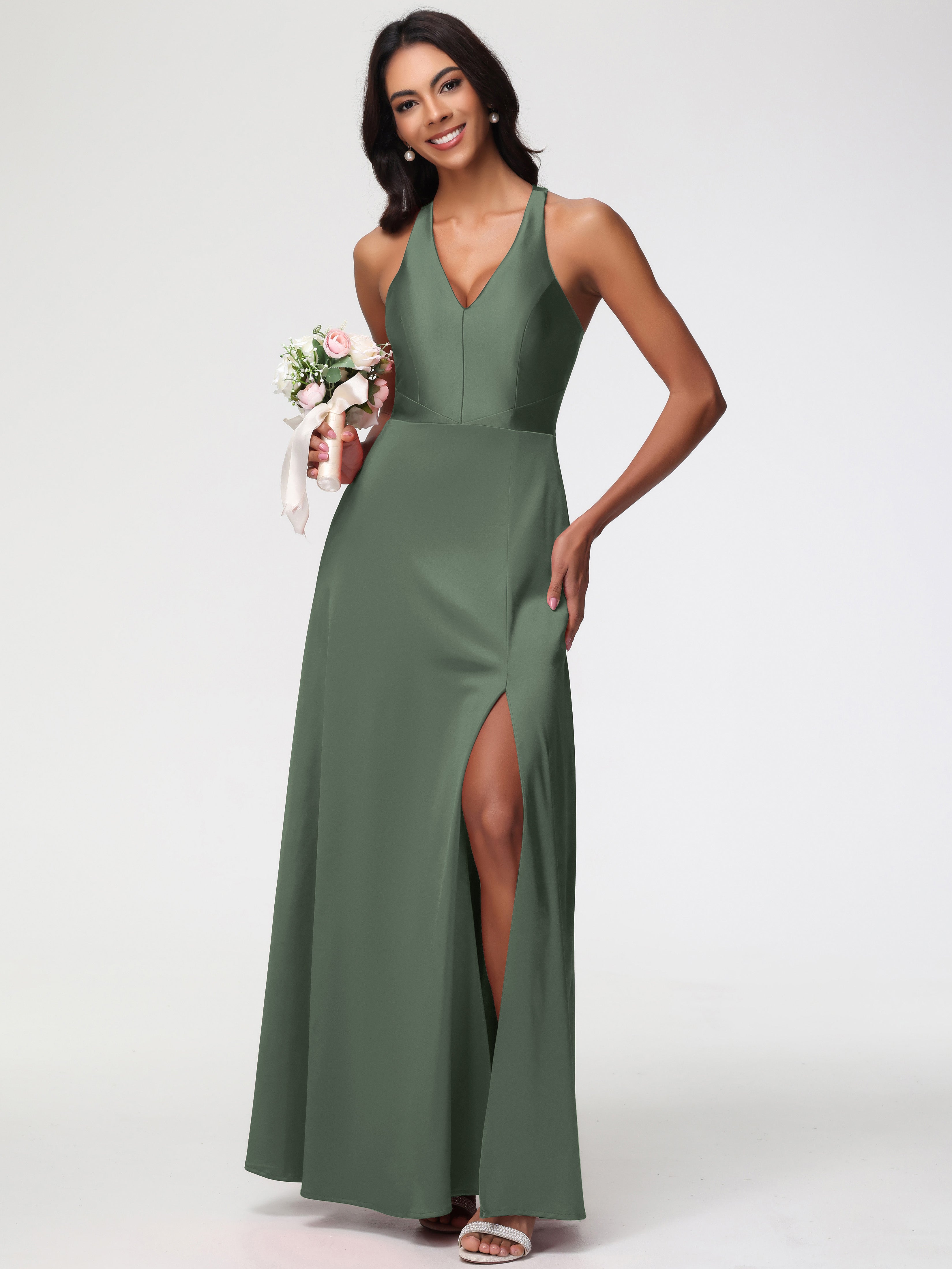 Robes De Demoiselle D'Honneur Vert Olive Col V Satin Extensible Fourreau/Colonne Robe De Demoiselle D'Honneur