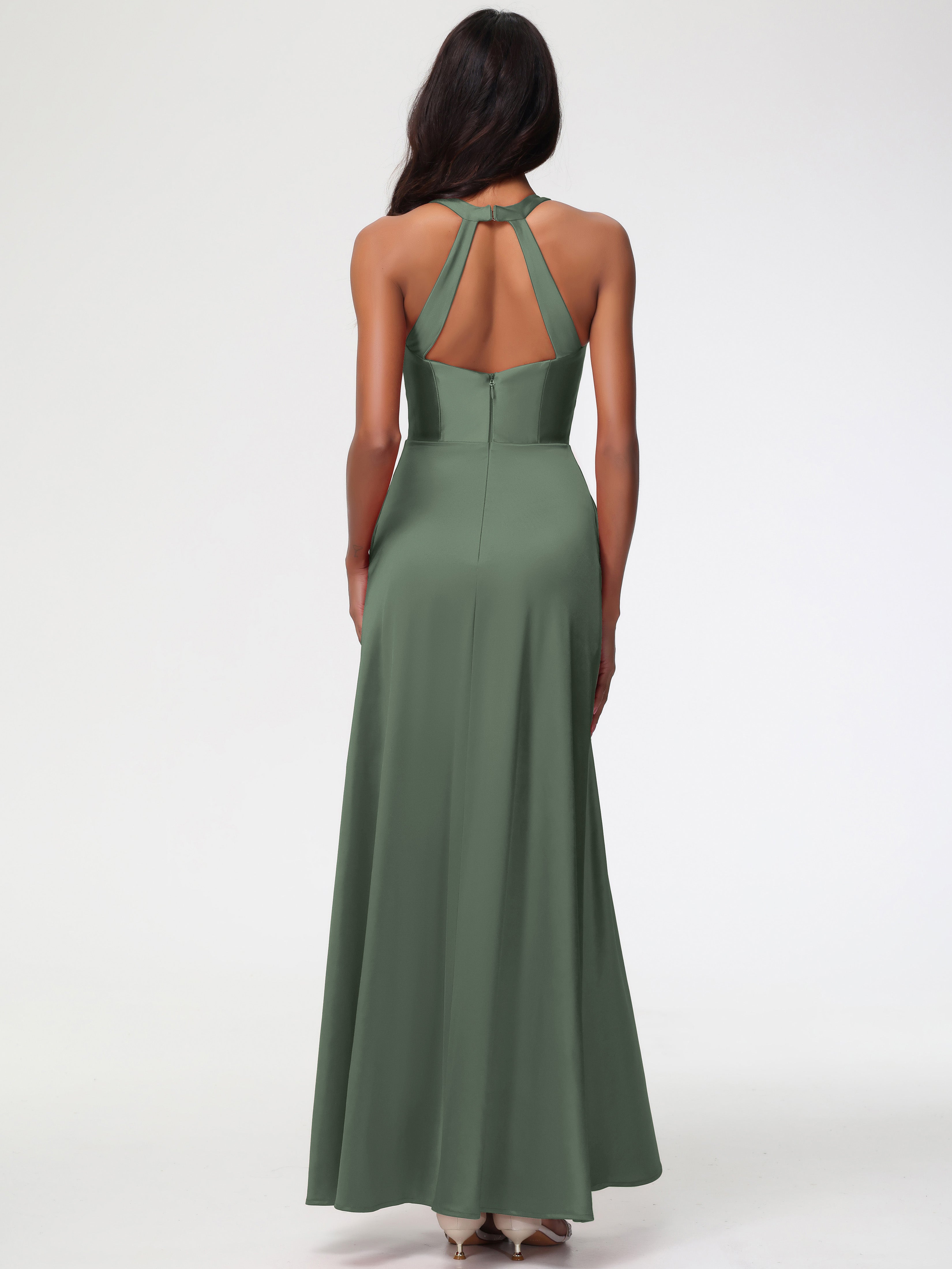 Robes De Demoiselle D'Honneur Vert Olive Col V Satin Extensible Fourreau/Colonne Robe De Demoiselle D'Honneur