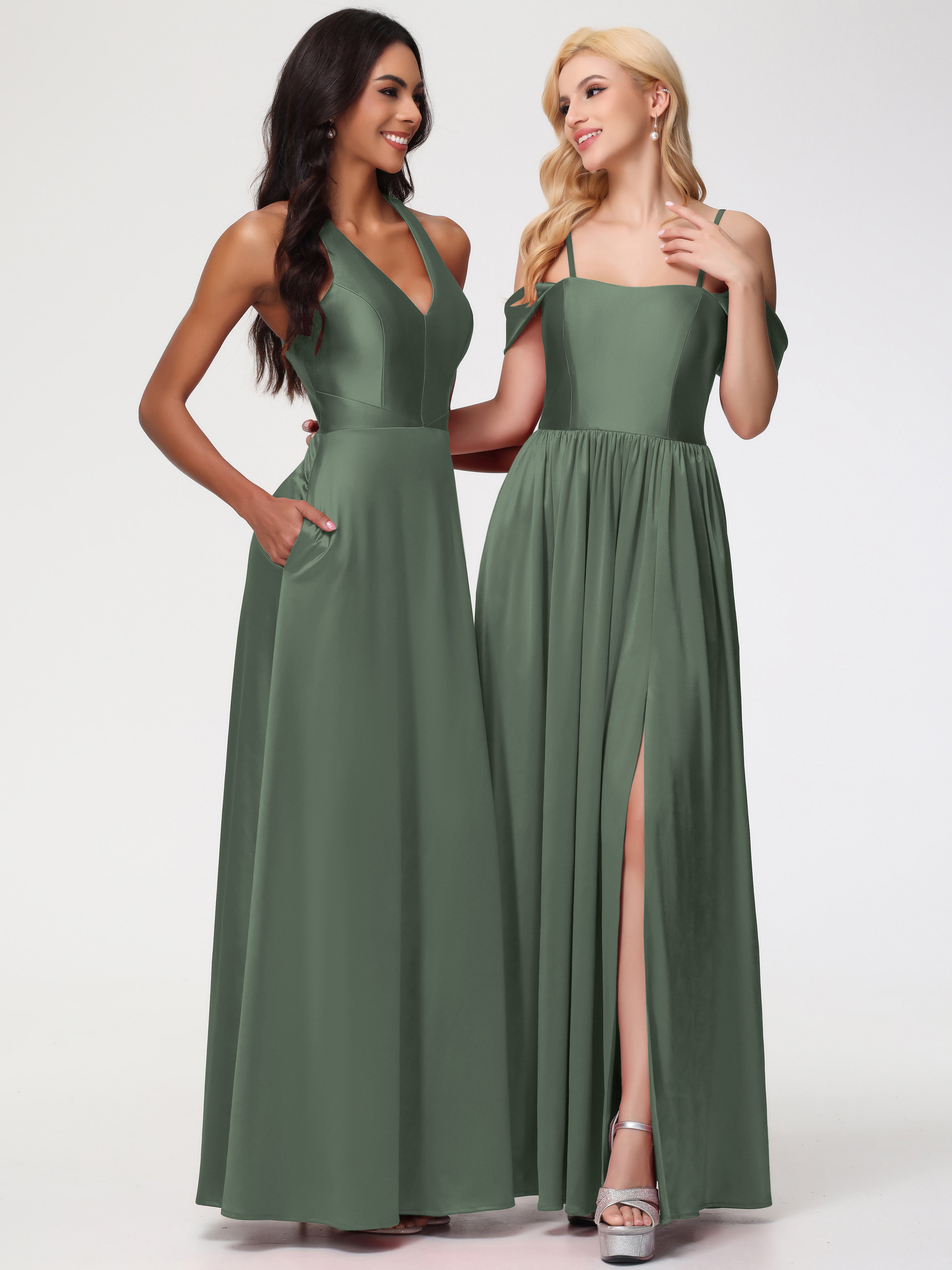 Robes De Demoiselle D'Honneur Vert Olive Col V Satin Extensible Fourreau/Colonne Robe De Demoiselle D'Honneur