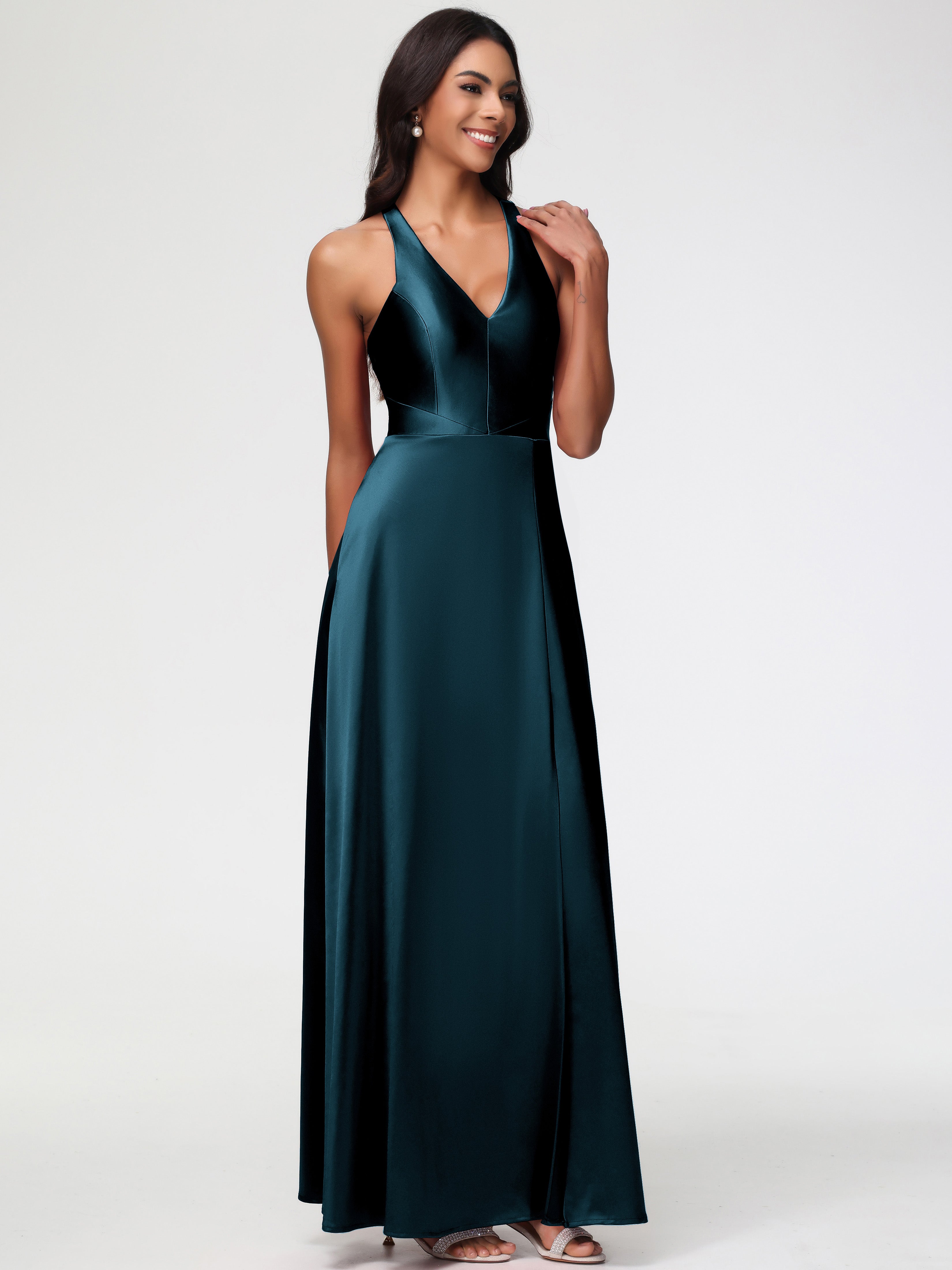 Robes De Demoiselle D'Honneur De Paon Col V Satin Extensible Fourreau/Colonne Robe De Demoiselle D'Honneur