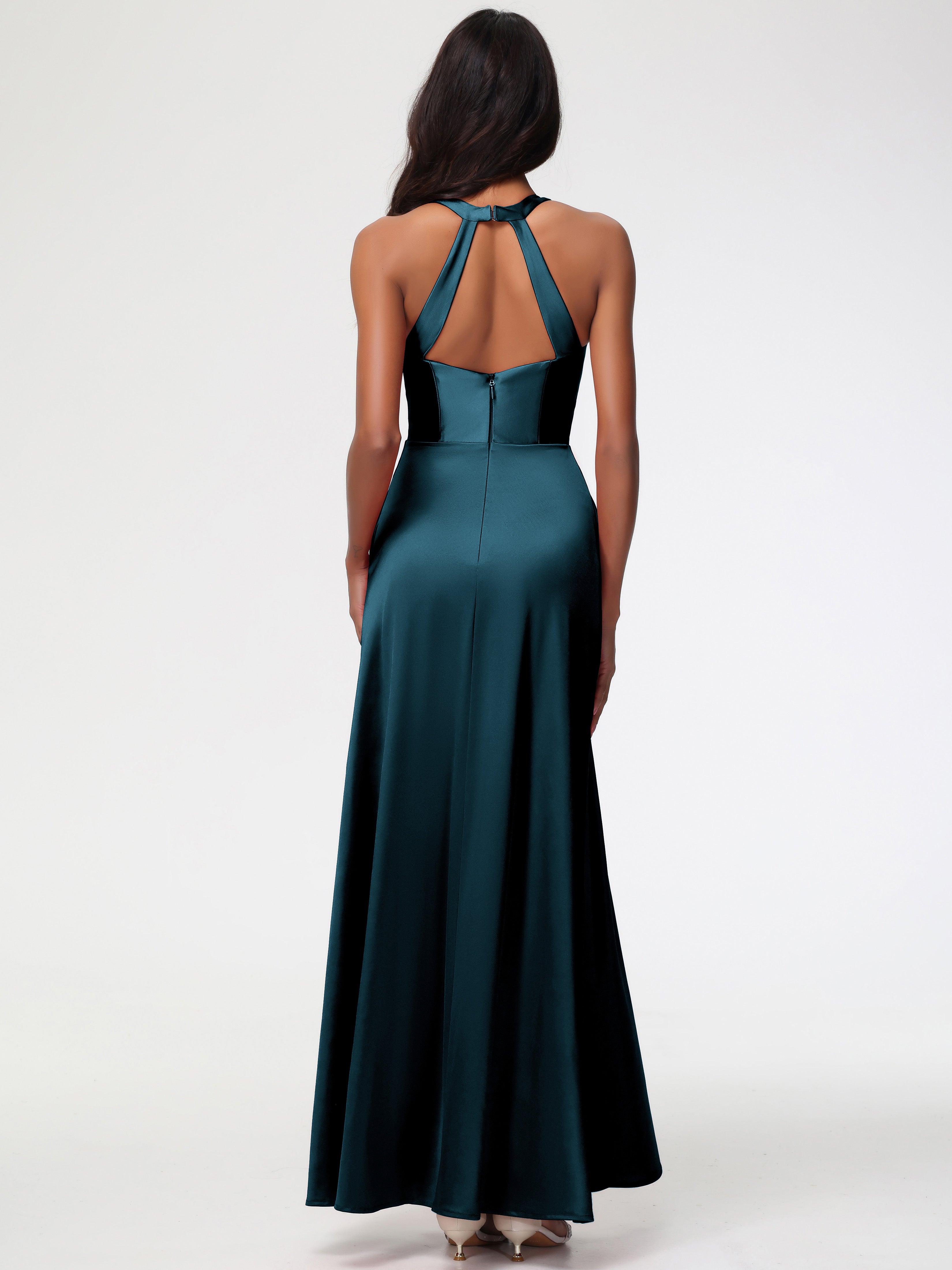 Robes De Demoiselle D'Honneur De Paon Col V Satin Extensible Fourreau/Colonne Robe De Demoiselle D'Honneur