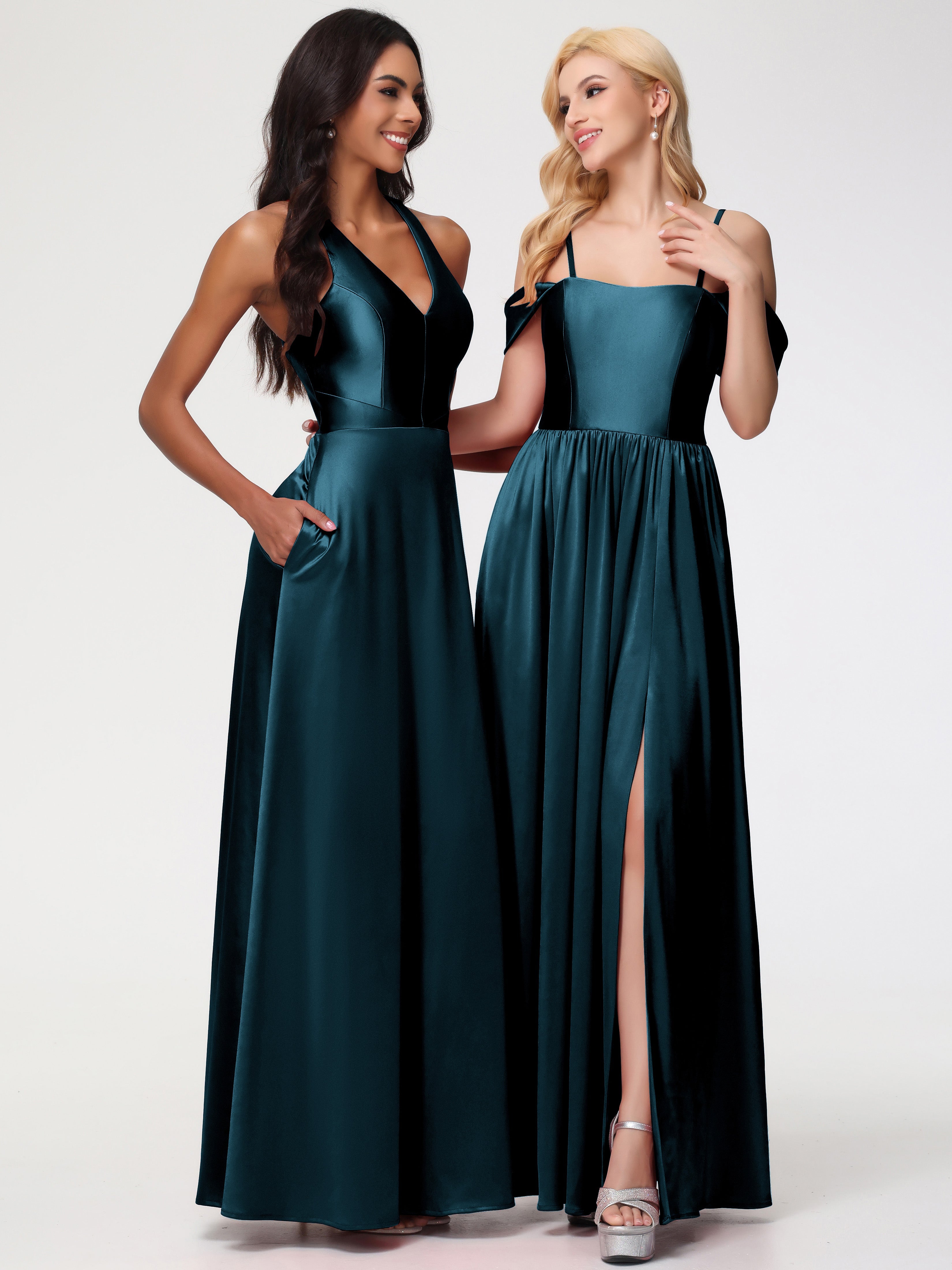 Robes De Demoiselle D'Honneur De Paon Col V Satin Extensible Fourreau/Colonne Robe De Demoiselle D'Honneur