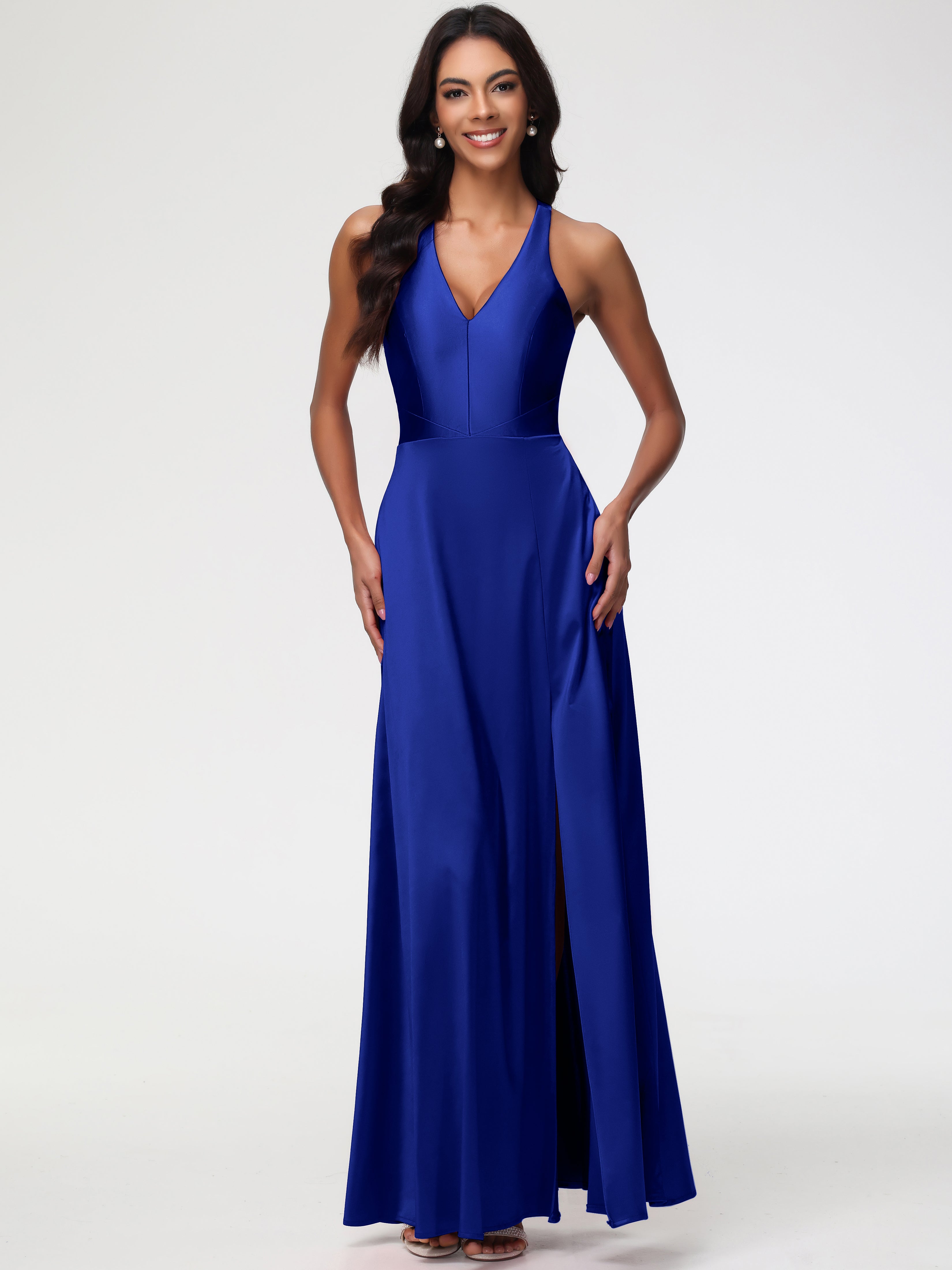 Bleu Royal Robe Demoiselle D Honneur Bleu Roi Col V Satin Extensible Fourreau/Colonne Robe De Demoiselle D'Honneur