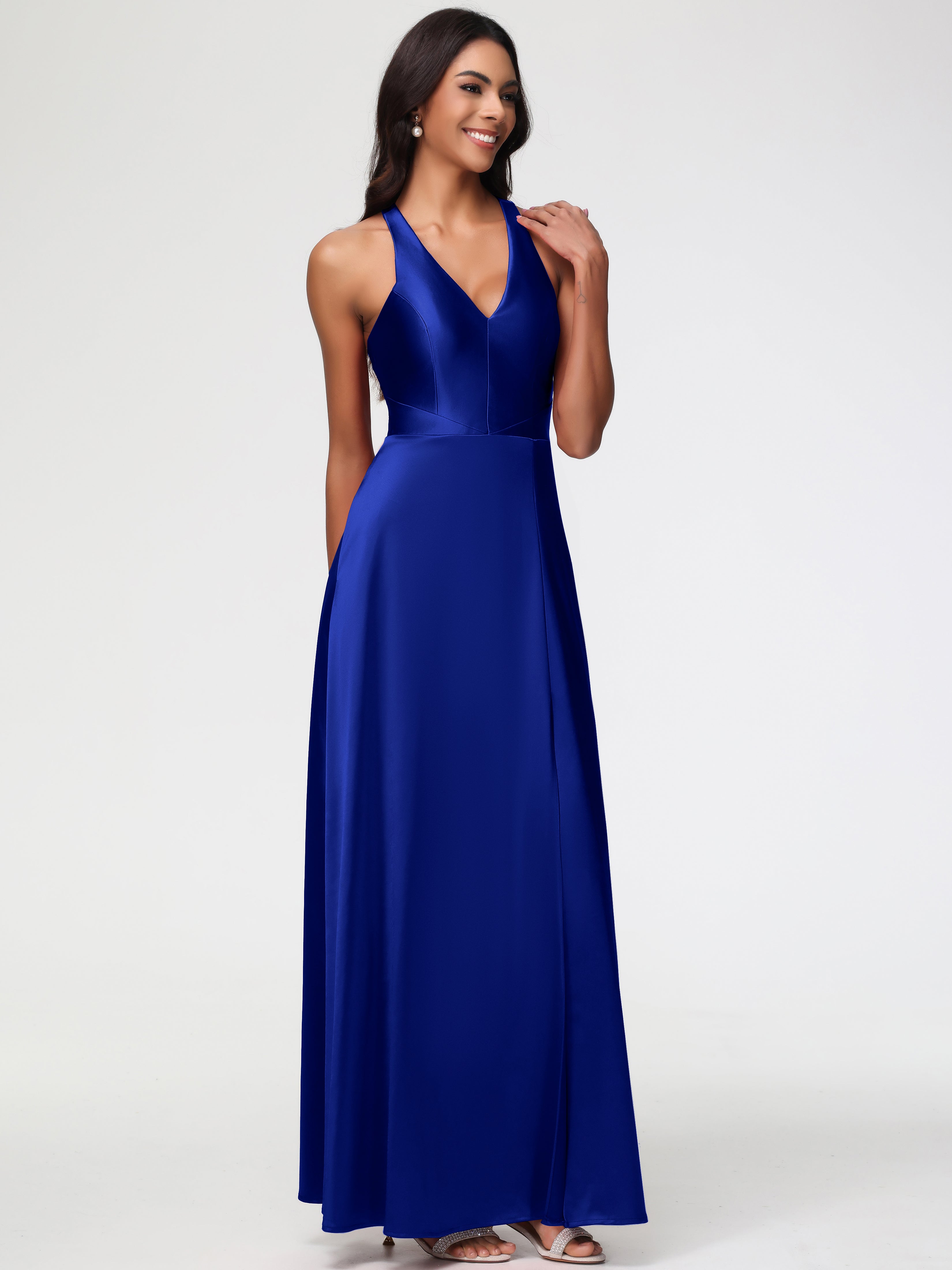 Bleu Royal Robe Demoiselle D Honneur Bleu Roi Col V Satin Extensible Fourreau/Colonne Robe De Demoiselle D'Honneur