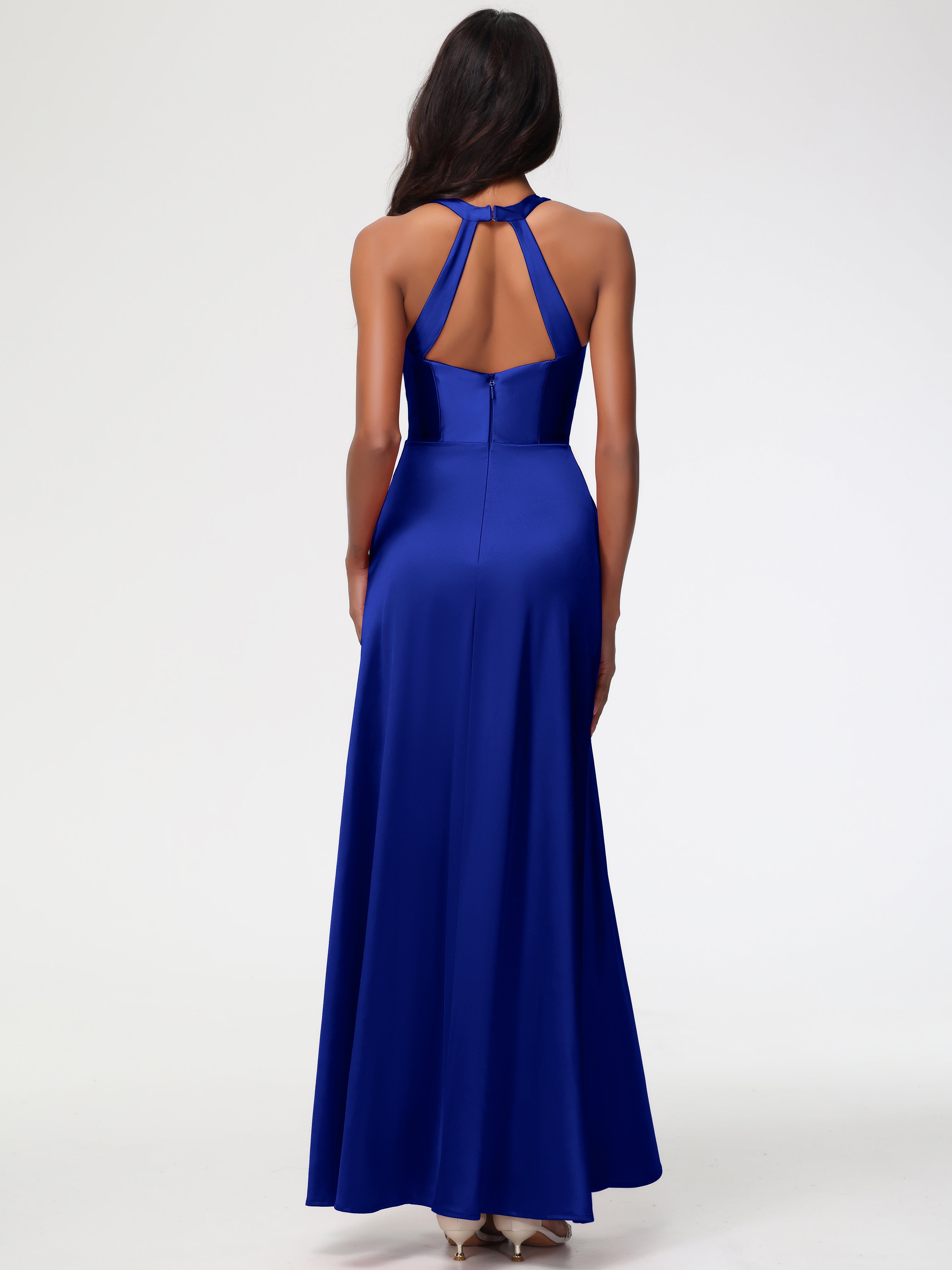 Bleu Royal Robe Demoiselle D Honneur Bleu Roi Col V Satin Extensible Fourreau/Colonne Robe De Demoiselle D'Honneur