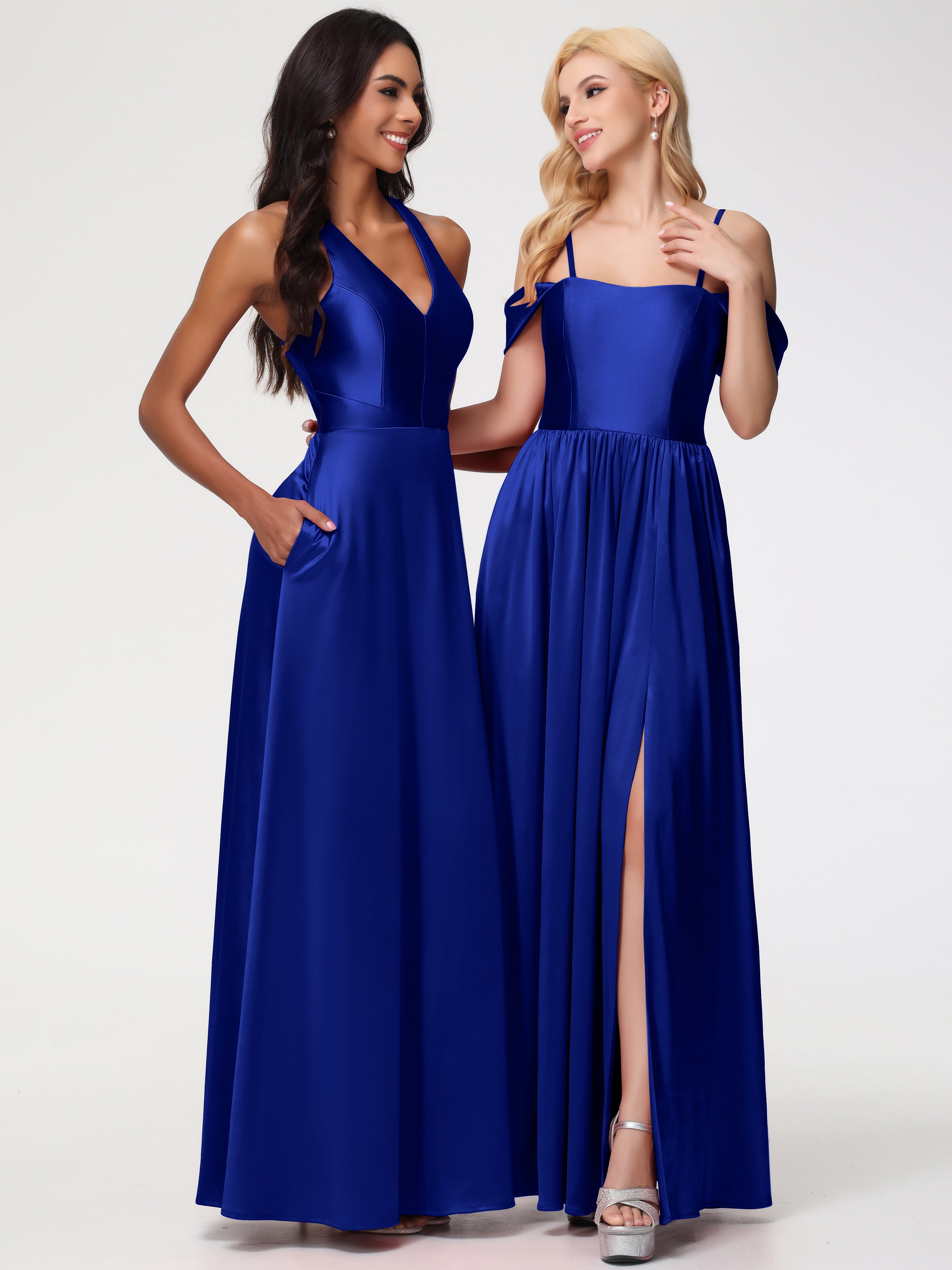 Bleu Royal Robe Demoiselle D Honneur Bleu Roi Col V Satin Extensible Fourreau/Colonne Robe De Demoiselle D'Honneur