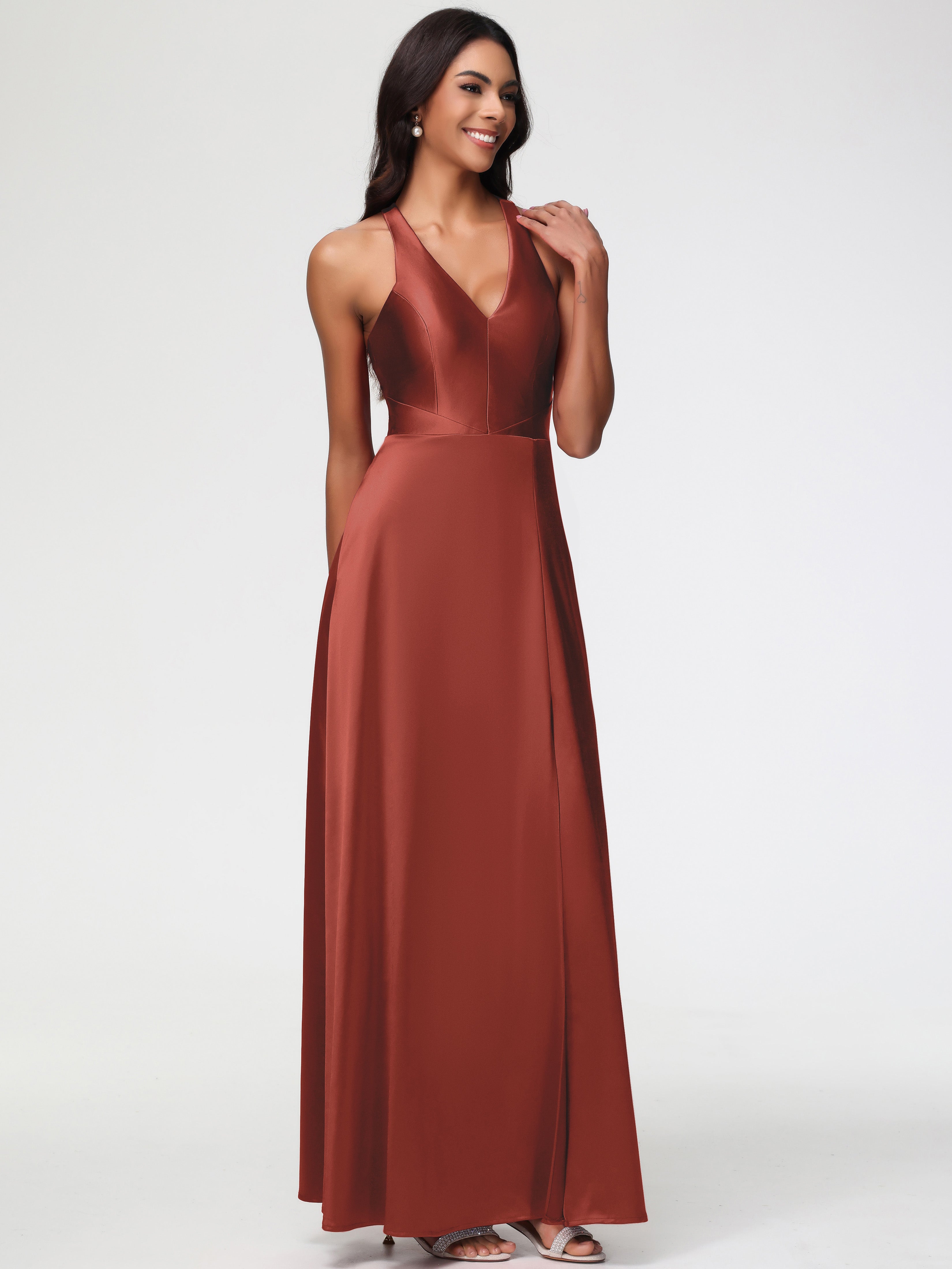 Longues Robes De Demoiselle D'Honneur De Rouille Col V Satin Extensible Fourreau/Colonne Robe De Demoiselle D'Honneur