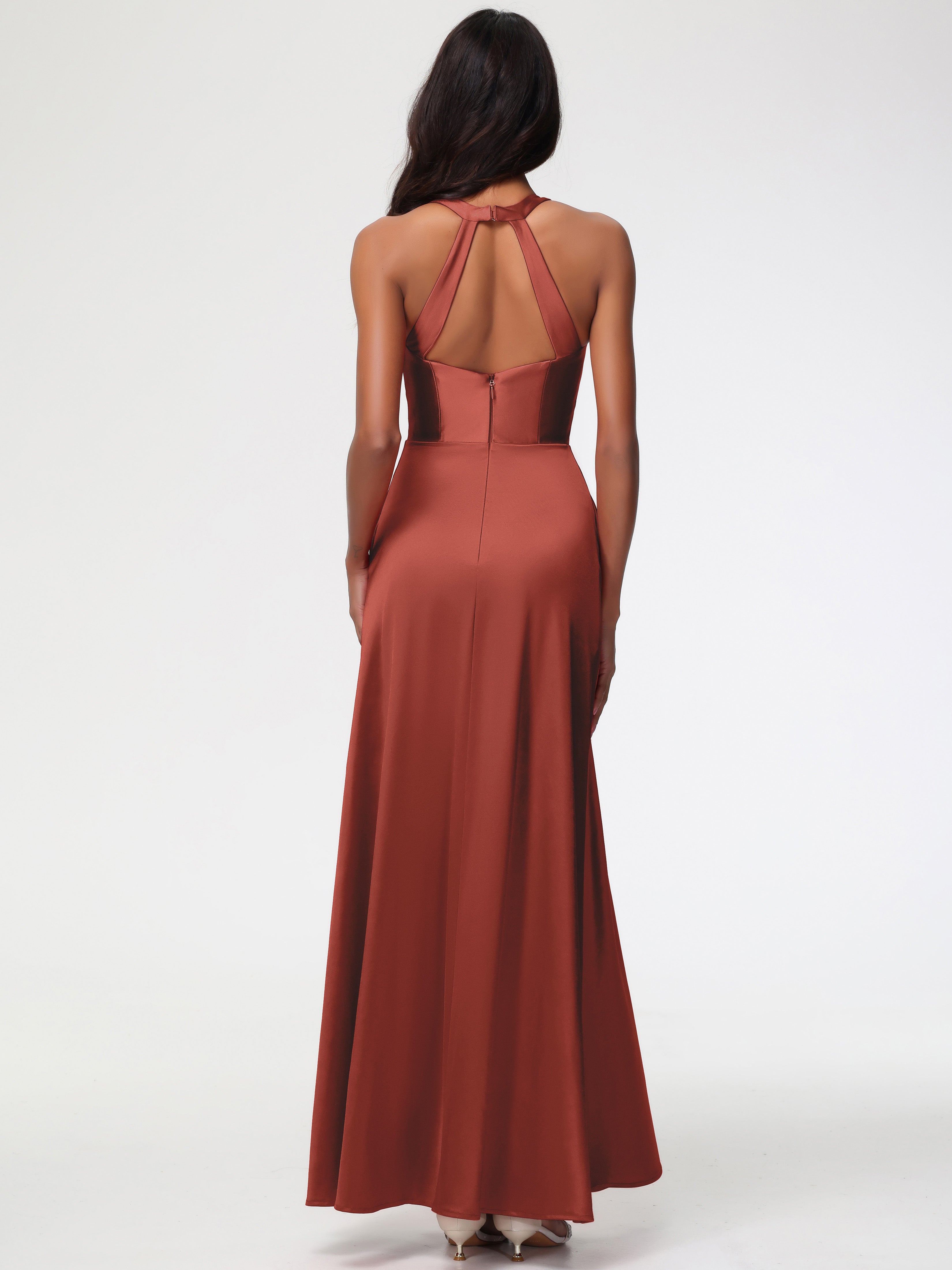 Longues Robes De Demoiselle D'Honneur De Rouille Col V Satin Extensible Fourreau/Colonne Robe De Demoiselle D'Honneur