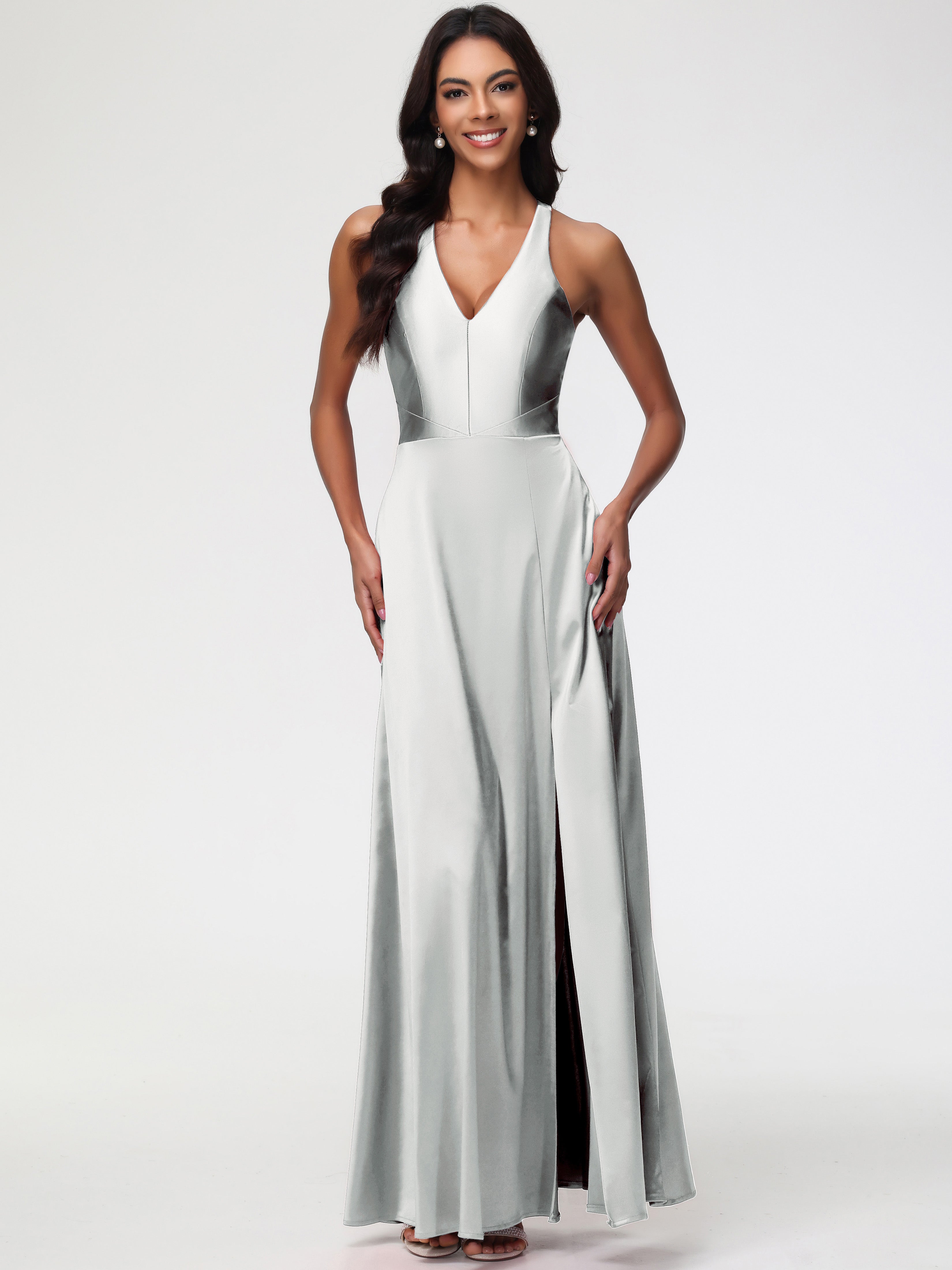 Robe Demoiselle D Honneur Argent Col V Satin Extensible Fourreau/Colonne Robe De Demoiselle D'Honneur